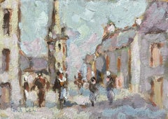 French Impressionist Oil Painting of Village Street Scene with Figures