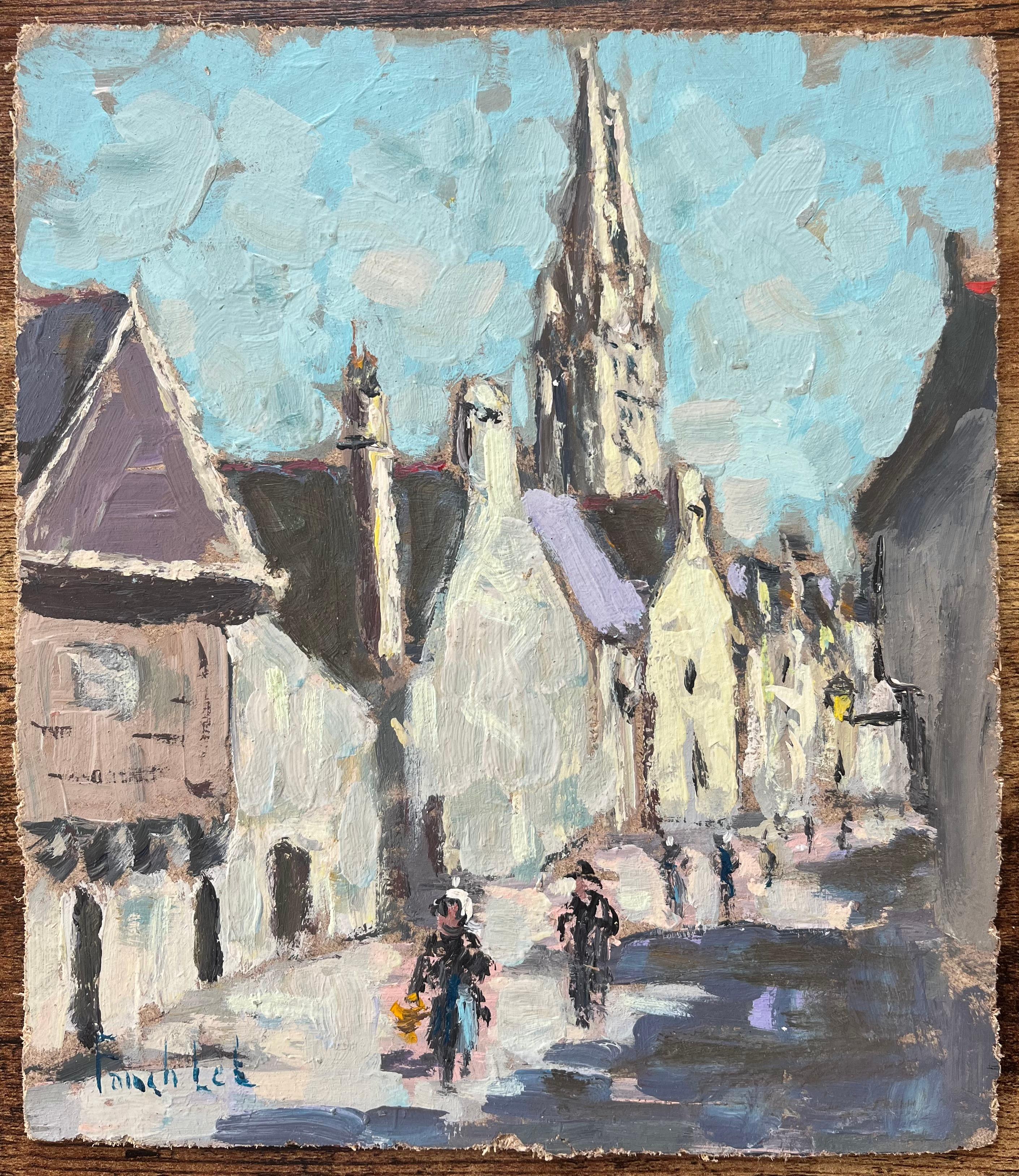 Quadro a olio impressionista francese con veduta del villaggio di Espalion, Aveyron - Painting di Fanch Lel