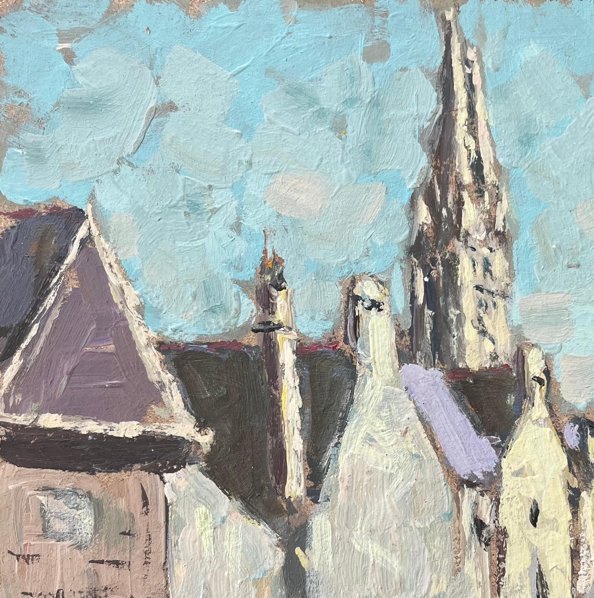 Quadro a olio impressionista francese con veduta del villaggio di Espalion, Aveyron - Figurative Painting Grigio di Fanch Lel