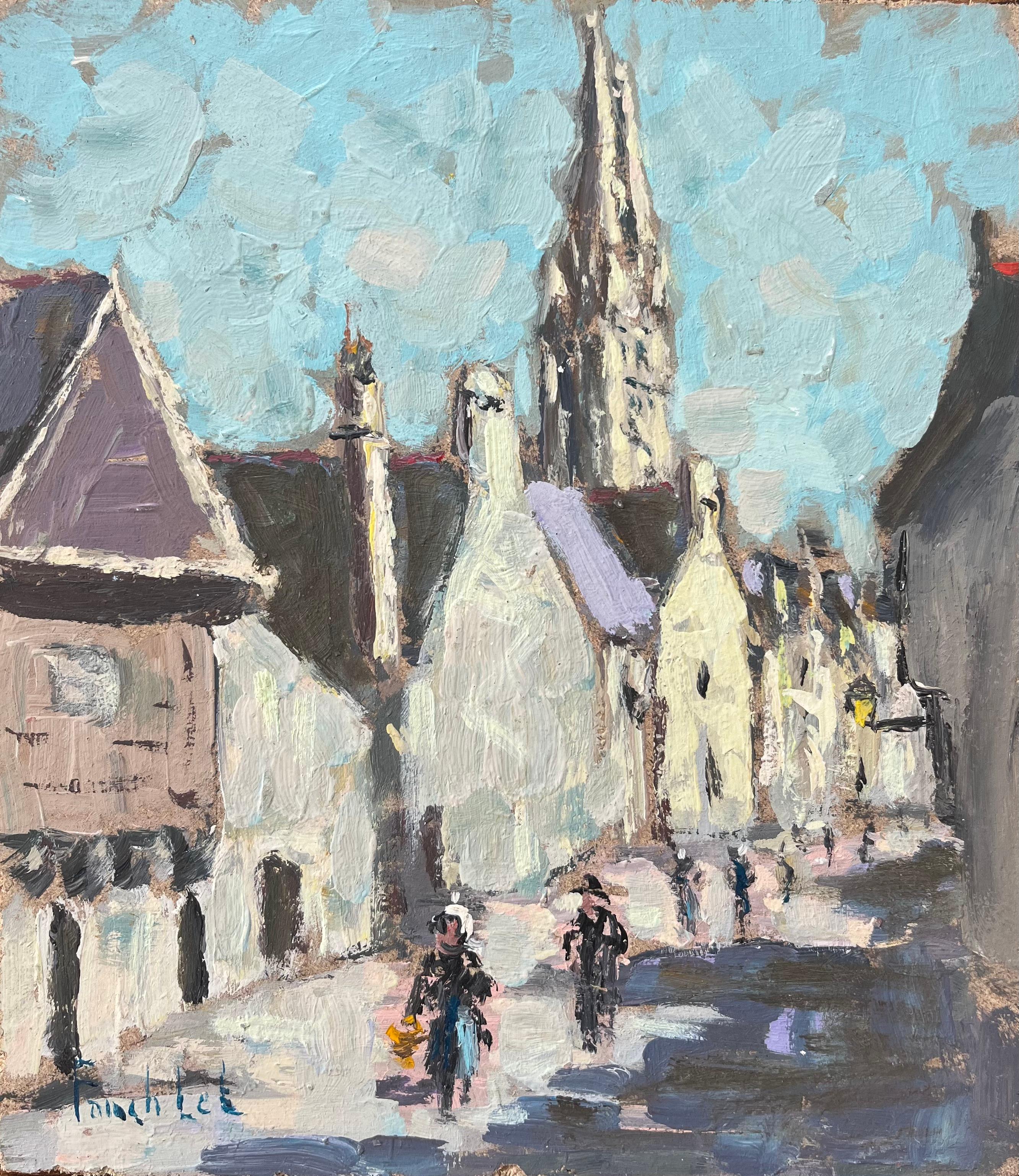 Figurative Painting di Fanch Lel - Quadro a olio impressionista francese con veduta del villaggio di Espalion, Aveyron