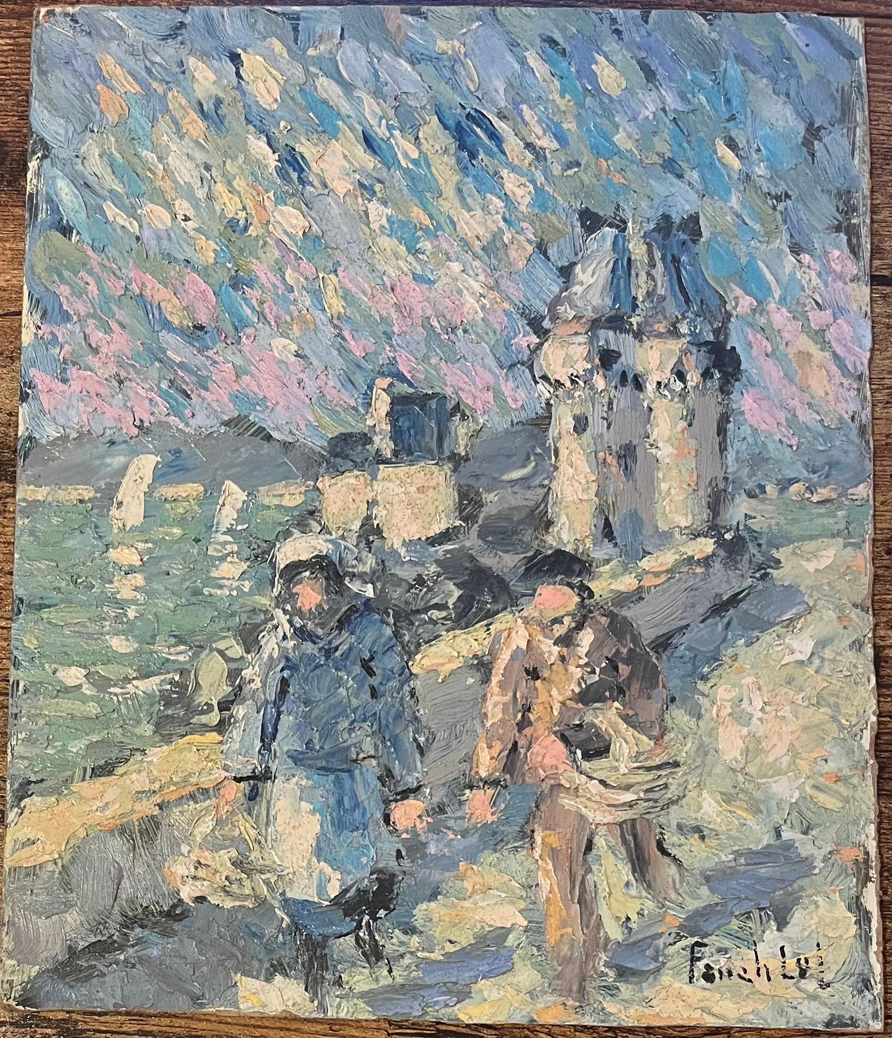 French Impressionist Oil Painting of Windy Walk along the Coastal Path - Gray Landscape Painting by Fanch Lel