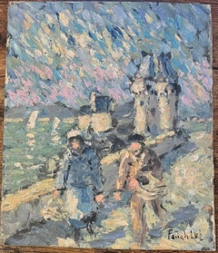 Óleo impresionista francés de Paseo ventoso por el sendero de la costa