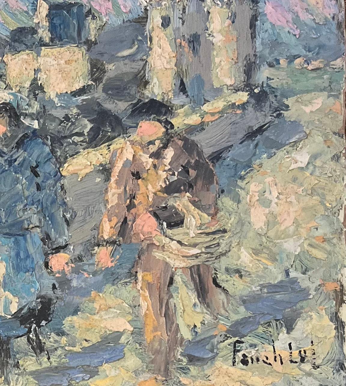 Title: French Impressionist Oil Painting of Windy Walk along the Coastal Path
By Fanch Lel (French b. 1930)
Size: 10.75 x 8.75 inches (height x width)
Signed: Yes
Oil painting on board, unframed
Condition: The painting is in good condition, with