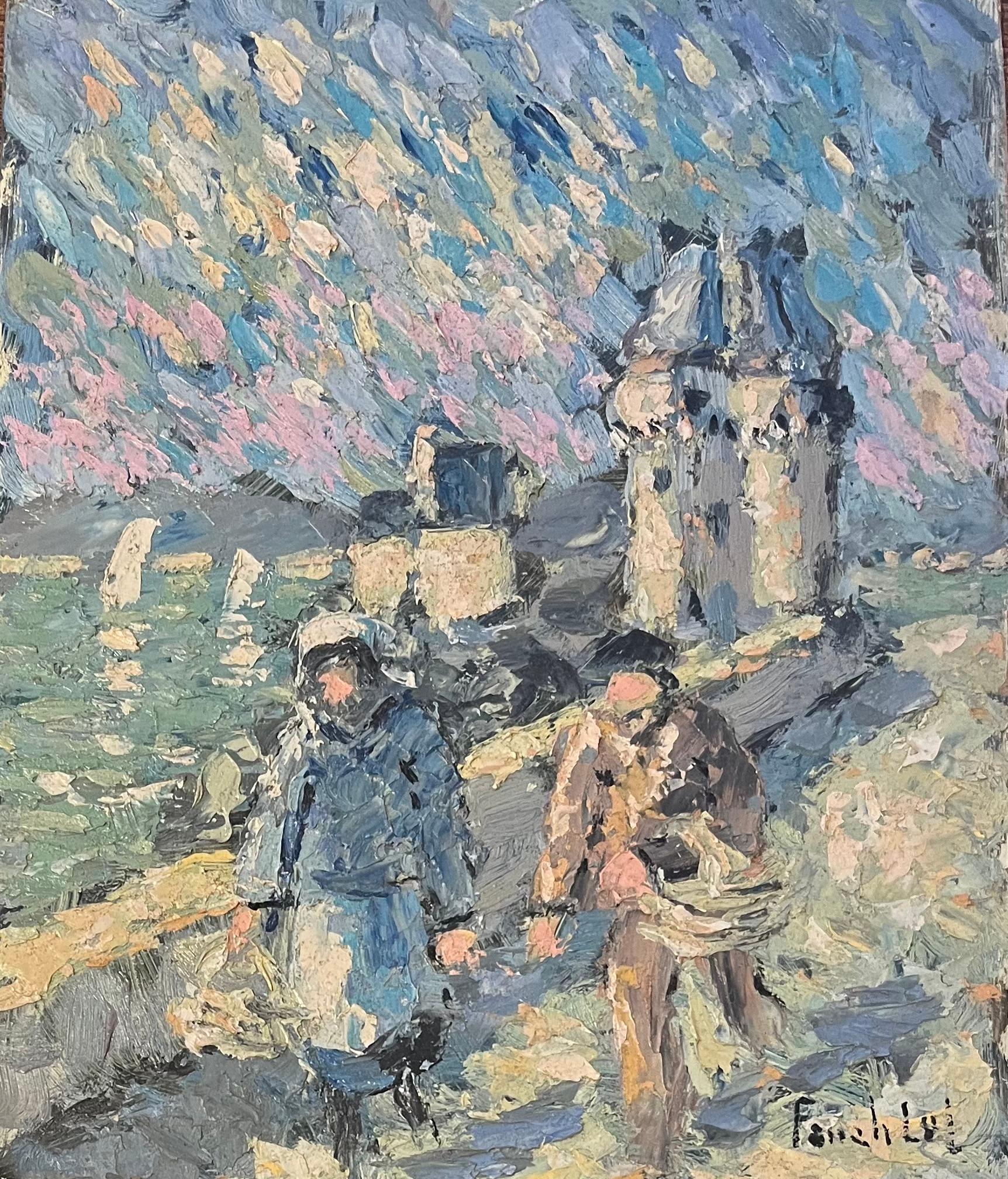 Fanch Lel Landscape Painting - French Impressionist Oil Painting of Windy Walk along the Coastal Path