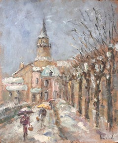 French Impressionist Oil Snow Scene with Figures and Church Tower