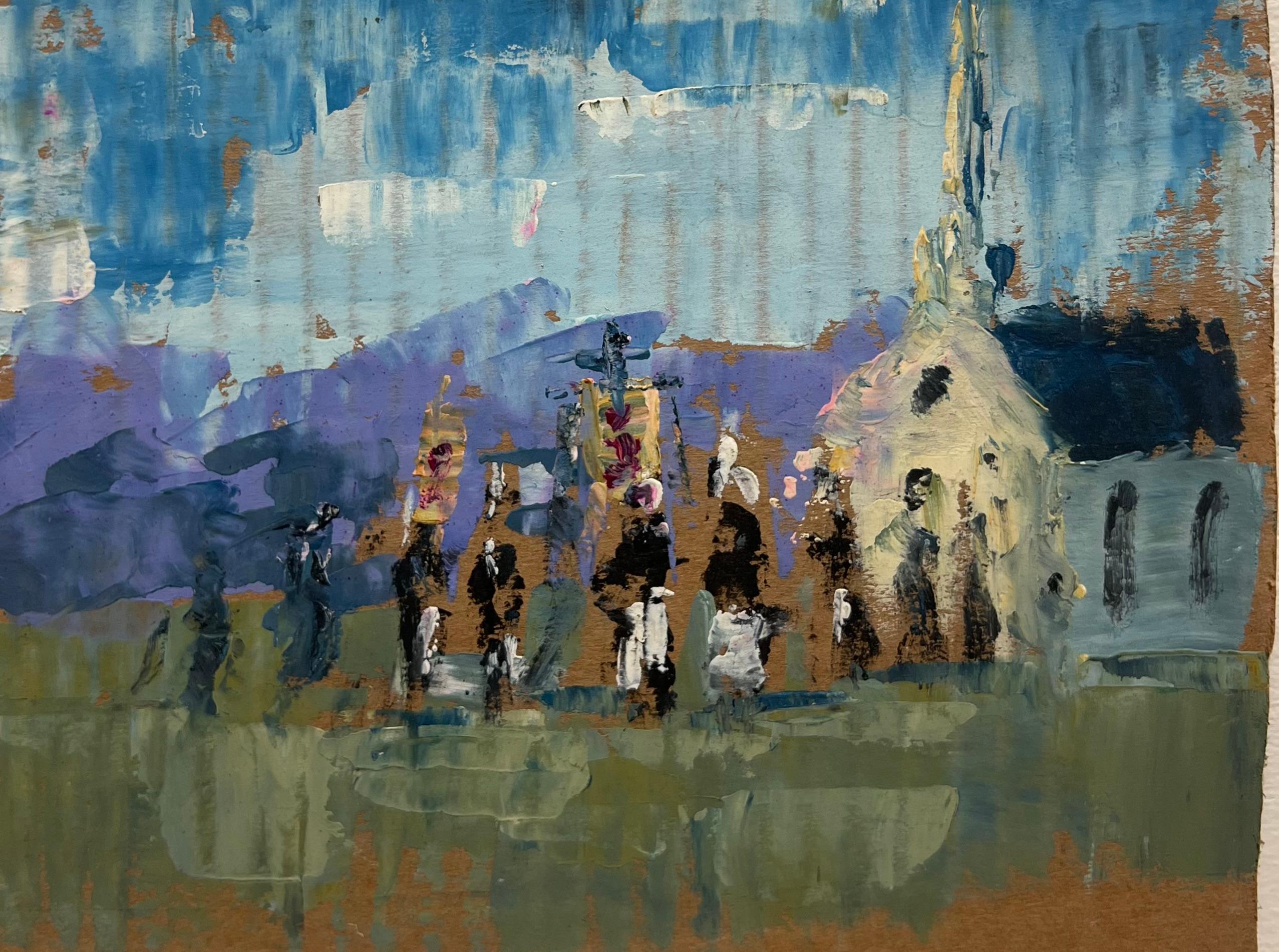 Servicio de Campo de la Iglesia
de Fanch Lel (francés, 1930)
Tamaño: 8 x 8,5 pulgadas
Óleo sobre cartón, sin enmarcar
Estado de conservación: El cuadro está en buen estado, con pequeños signos de envejecimiento.
Procedencia: Todos los cuadros de