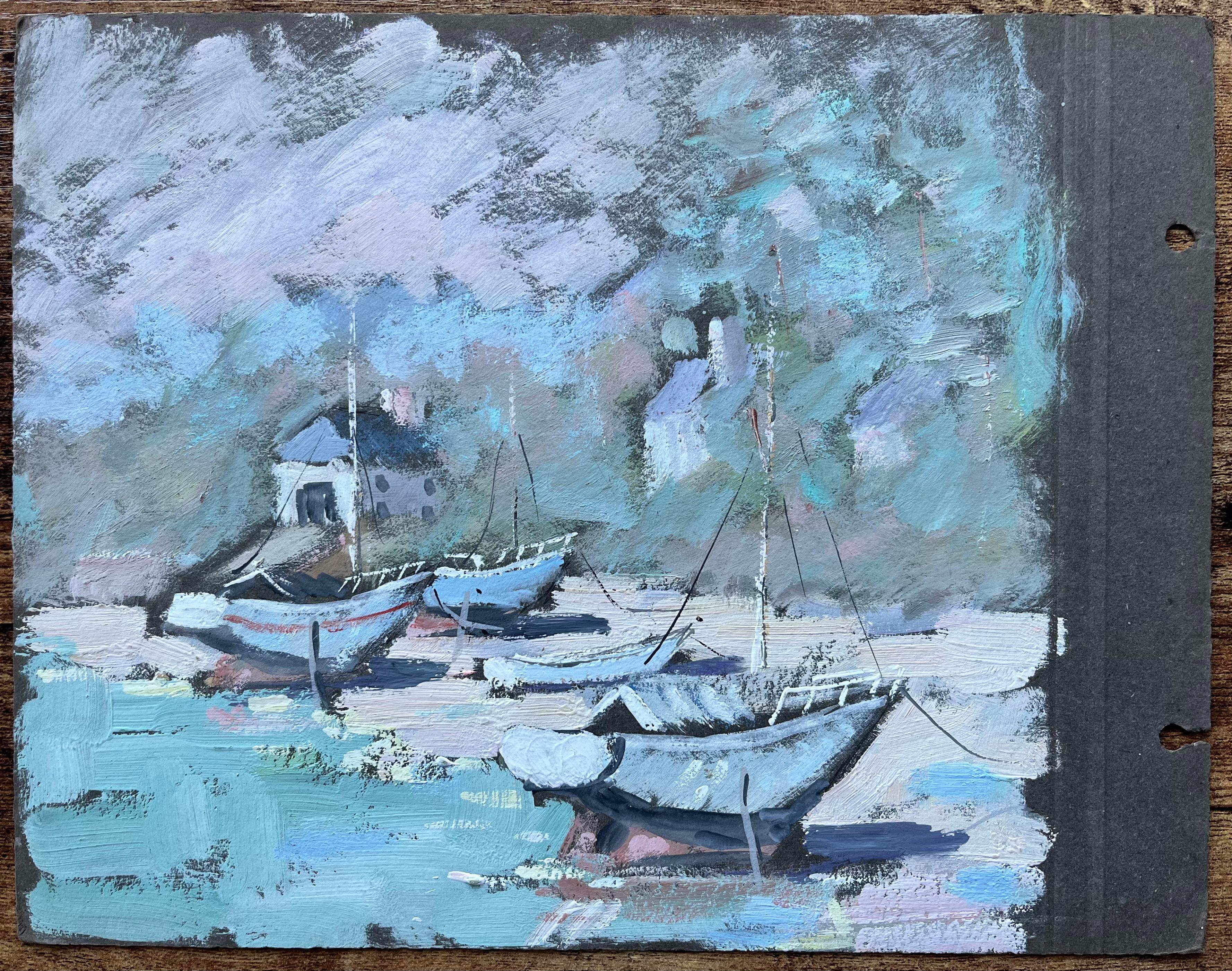 Französischer Impressionist Gemälde von gestrandeten Fischerbooten auf dunkler Karte – Painting von Fanch Lel