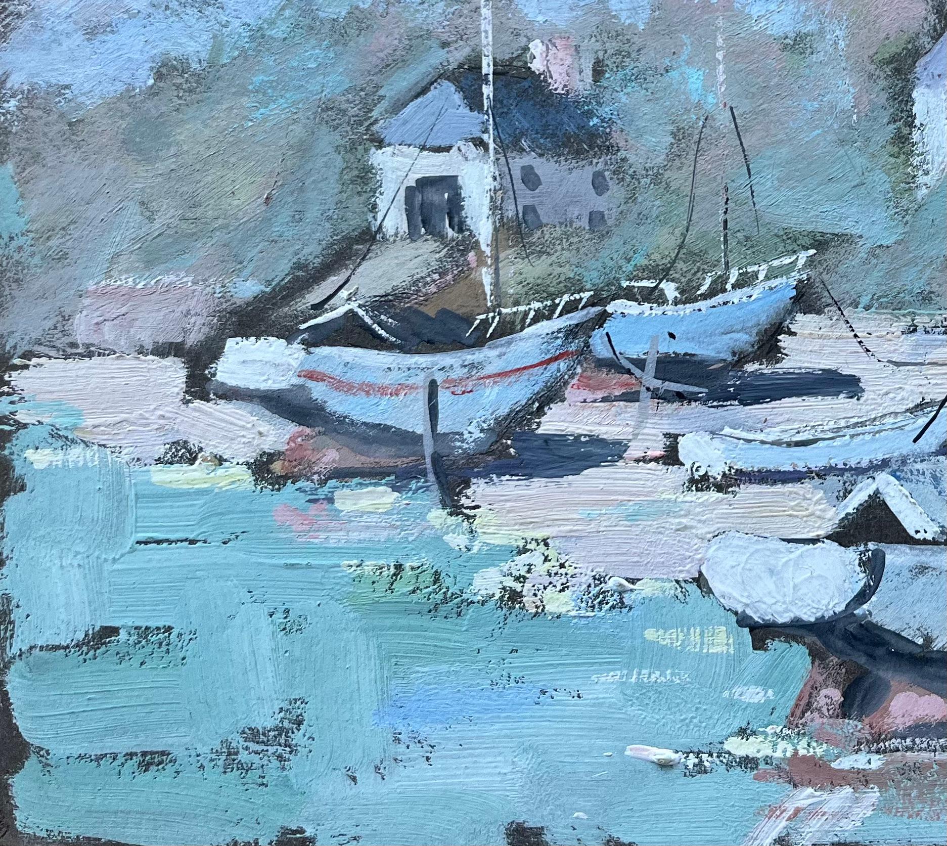 Französischer Impressionist Gemälde von gestrandeten Fischerbooten auf dunkler Karte (Impressionismus), Painting, von Fanch Lel