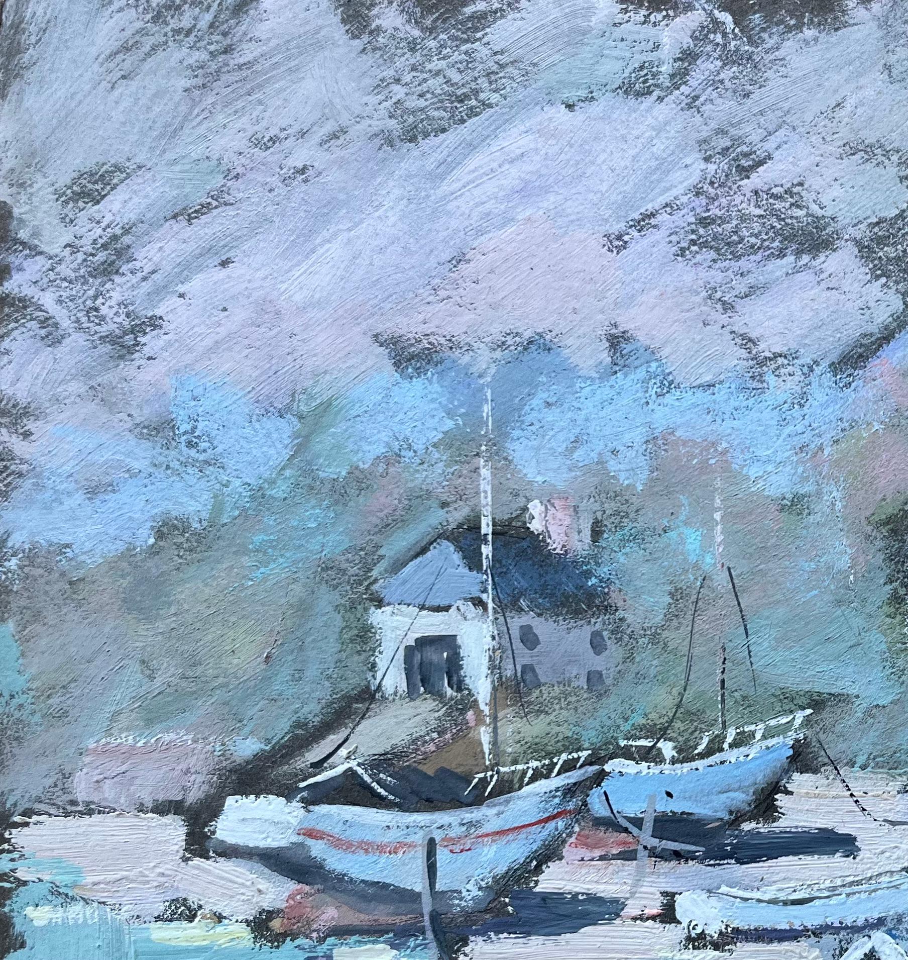 Titel: Französischer Impressionist Gemälde von gestrandeten Fischerbooten auf dunkler Karte
von Fanche Lel
Größe: 8,25 Zoll (Höhe) x 10,5 Zoll (Breite)
Ölgemälde auf Karton, ungerahmt
Zustand: Das Gemälde ist in gutem Zustand, mit leichten