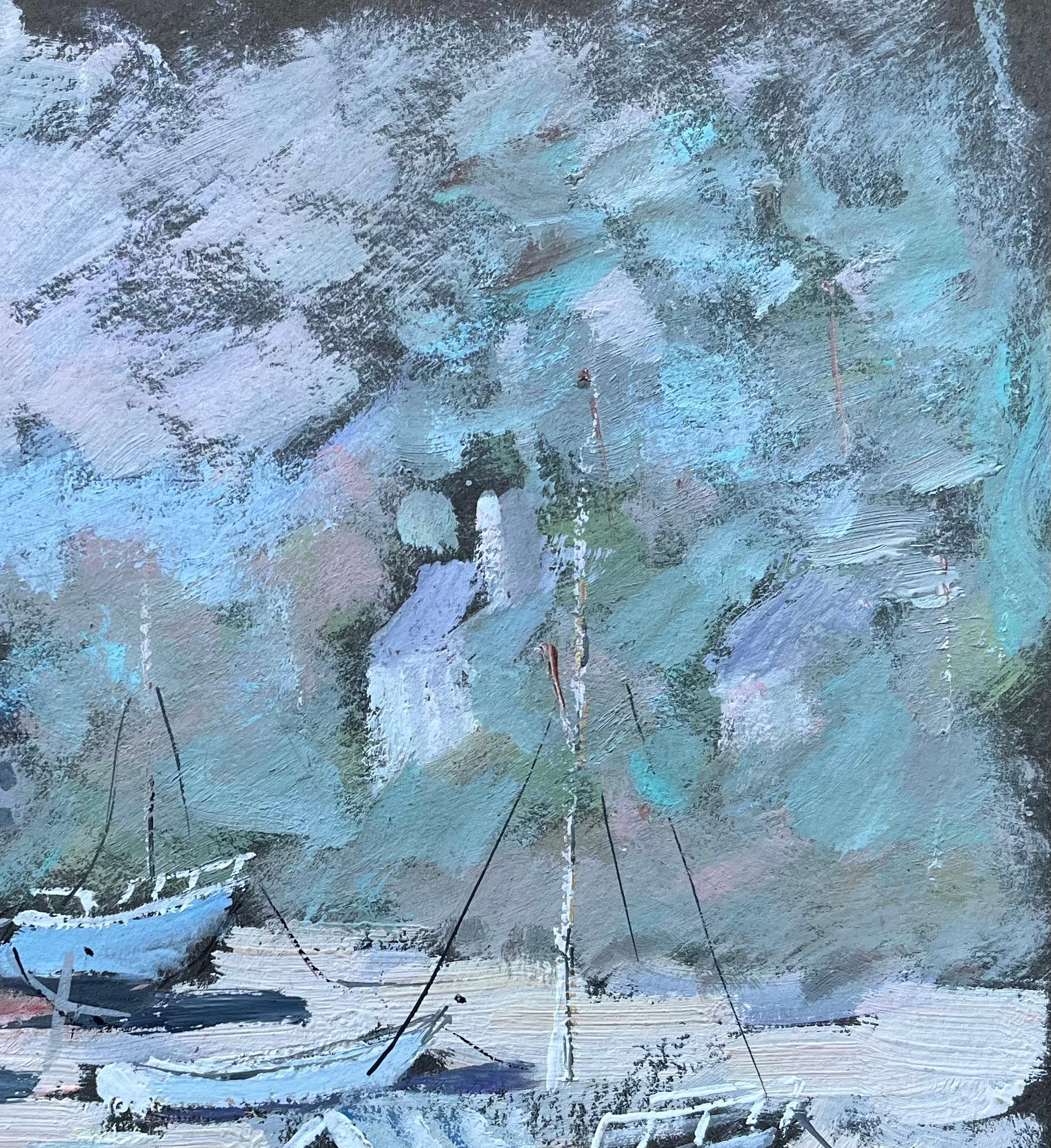 Französischer Impressionist Gemälde von gestrandeten Fischerbooten auf dunkler Karte im Angebot 1
