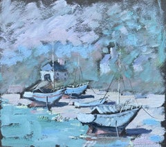 French Impressionist Painting of Beached Fishing Boats on Dark Card
