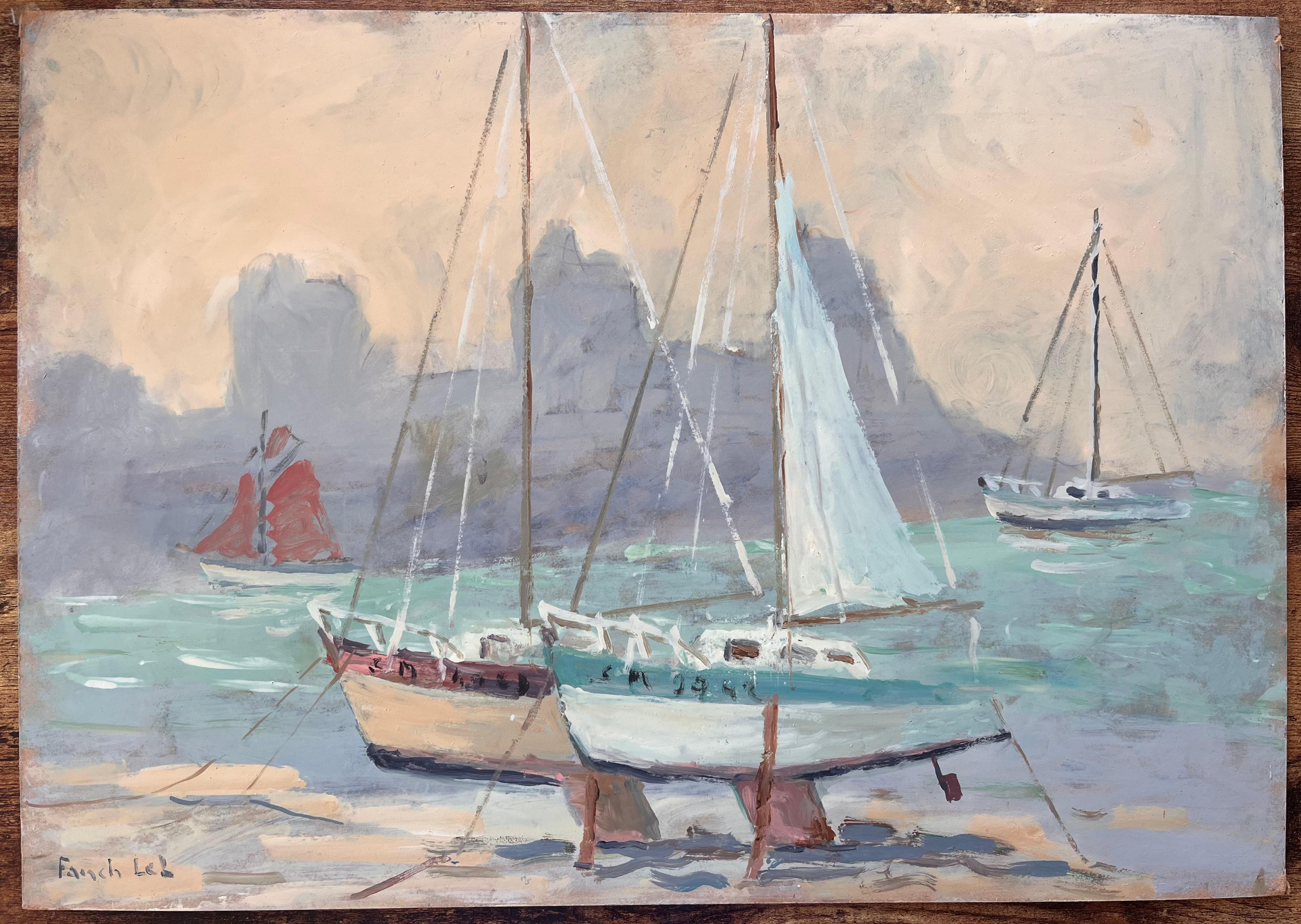 Französischer Impressionist Gemälde von Booten am Strand von Dinard – Painting von Fanch Lel