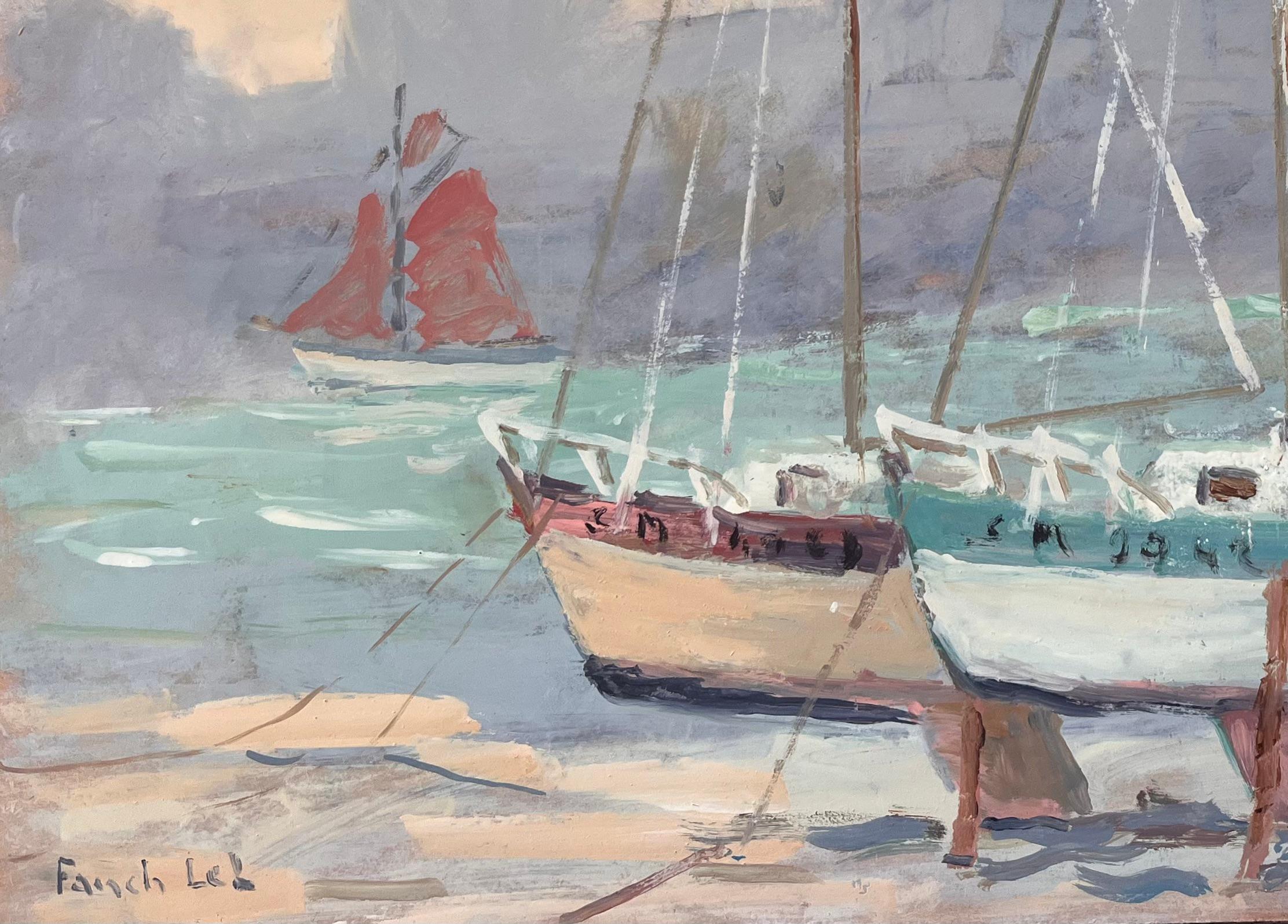 Französischer Impressionist Gemälde von Booten am Strand von Dinard (Impressionismus), Painting, von Fanch Lel