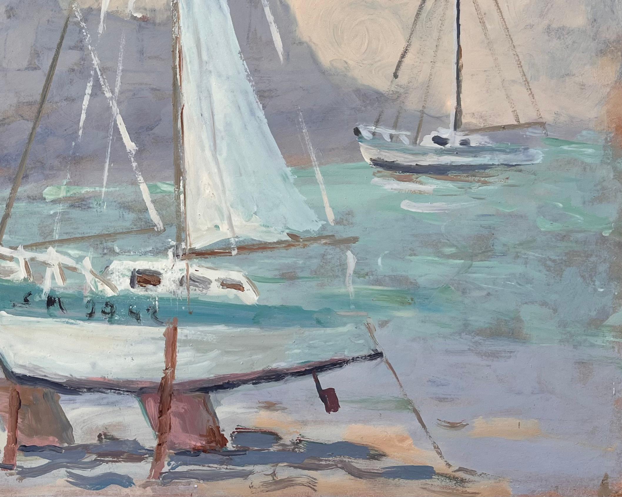 Französischer Impressionist Gemälde von Booten am Strand von Dinard (Grau), Landscape Painting, von Fanch Lel