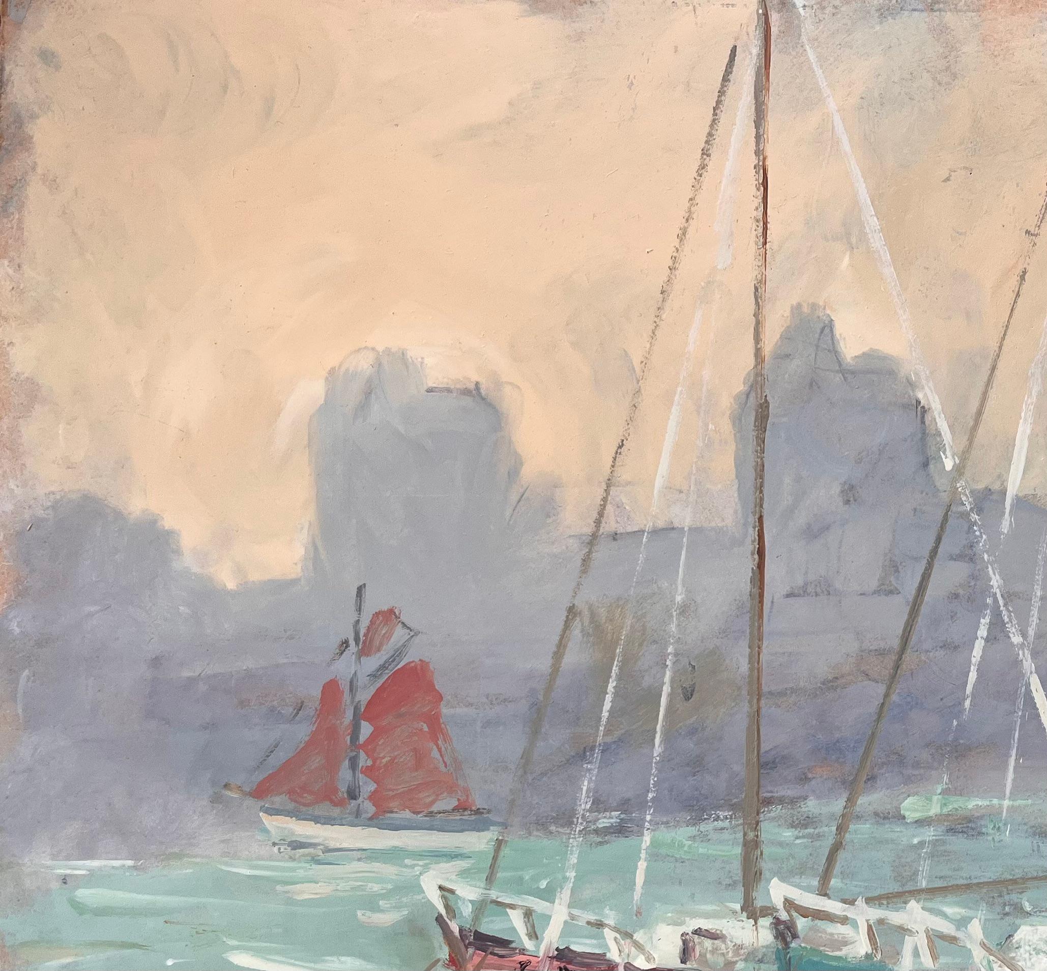 Titel: Französischer Impressionist Gemälde von Booten am Strand von Dinard
Von Fanch Lel
Größe: 14,25 x 20,25 Zoll (Höhe x Breite)
Ölgemälde auf Karton, ungerahmt
Zustand: Das Gemälde ist in gutem Zustand mit leichten Gebrauchsspuren an den Rändern,