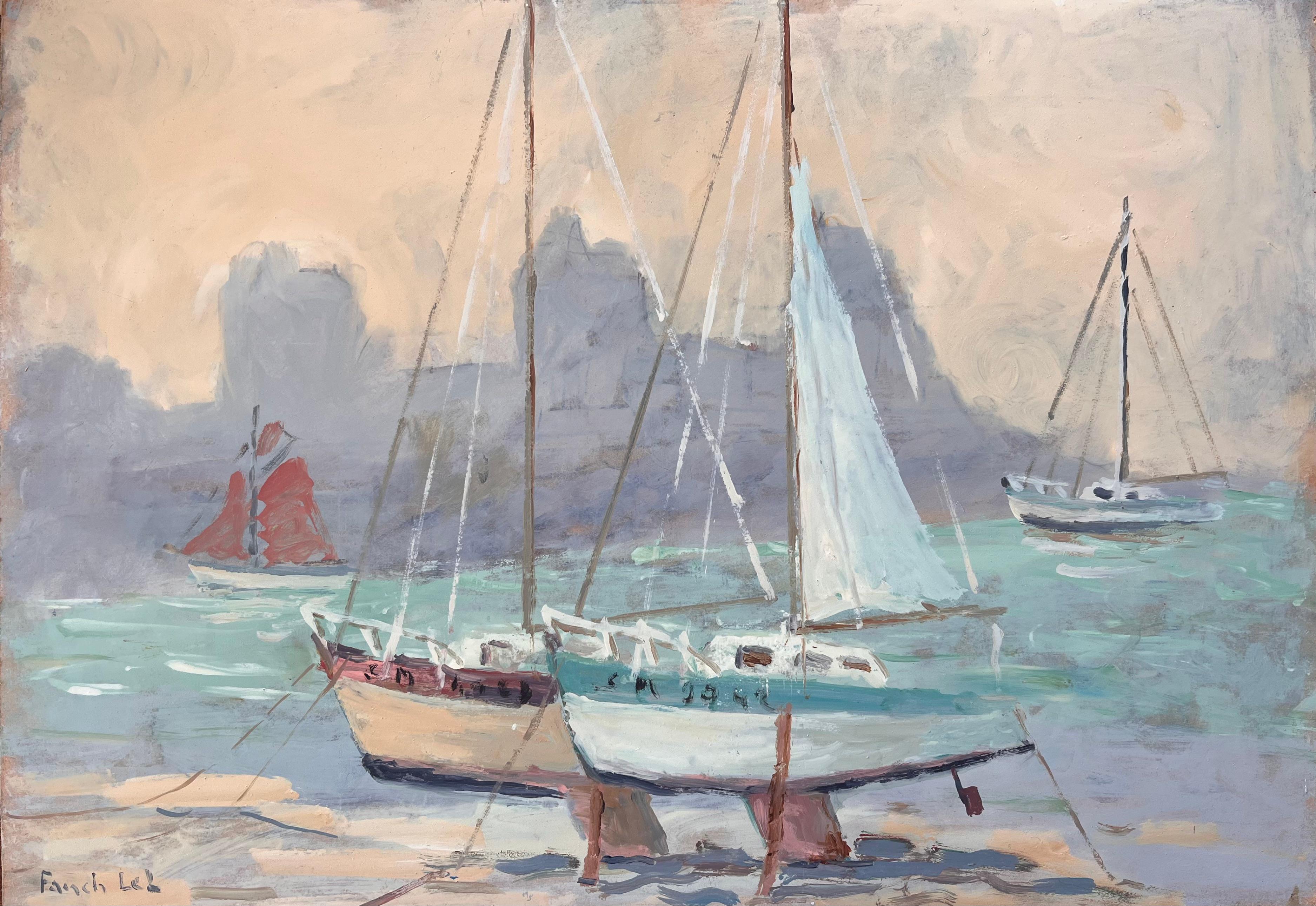 Fanch Lel Landscape Painting – Französischer Impressionist Gemälde von Booten am Strand von Dinard