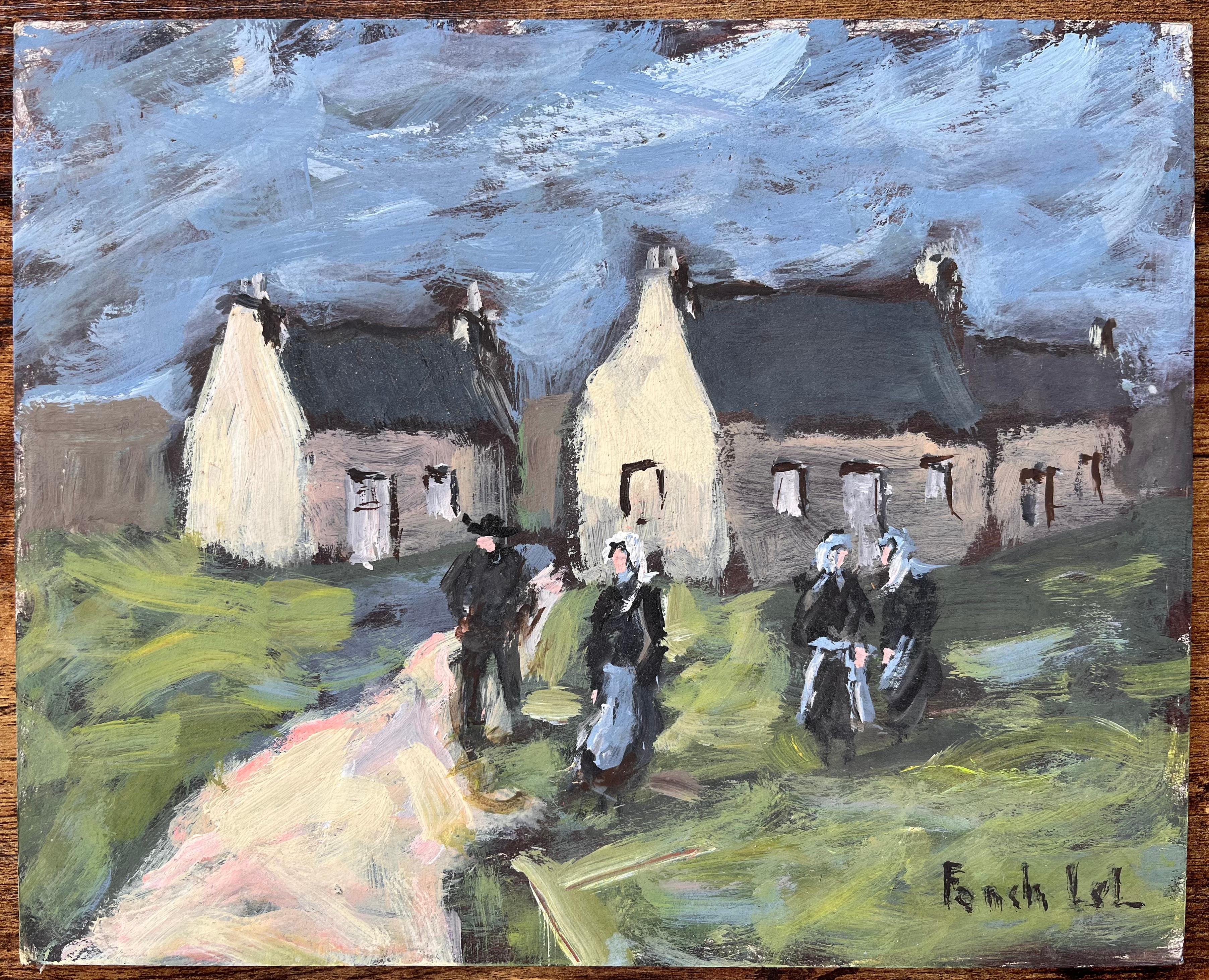 Peinture impressionniste française d'un village breton avec une robe traditionnelle - Painting de Fanch Lel