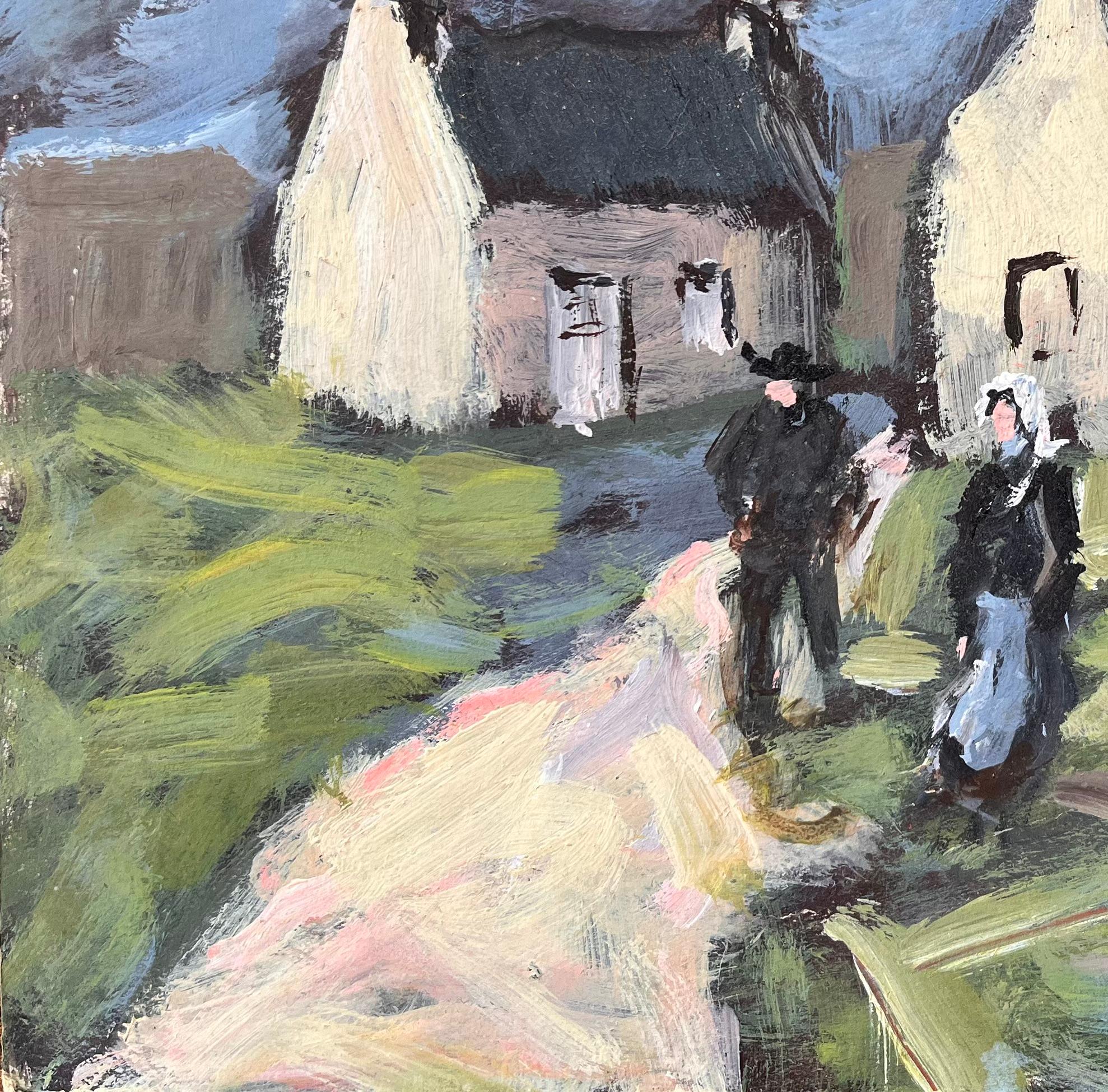 Peinture impressionniste française d'un village breton avec une robe traditionnelle - Gris Landscape Painting par Fanch Lel