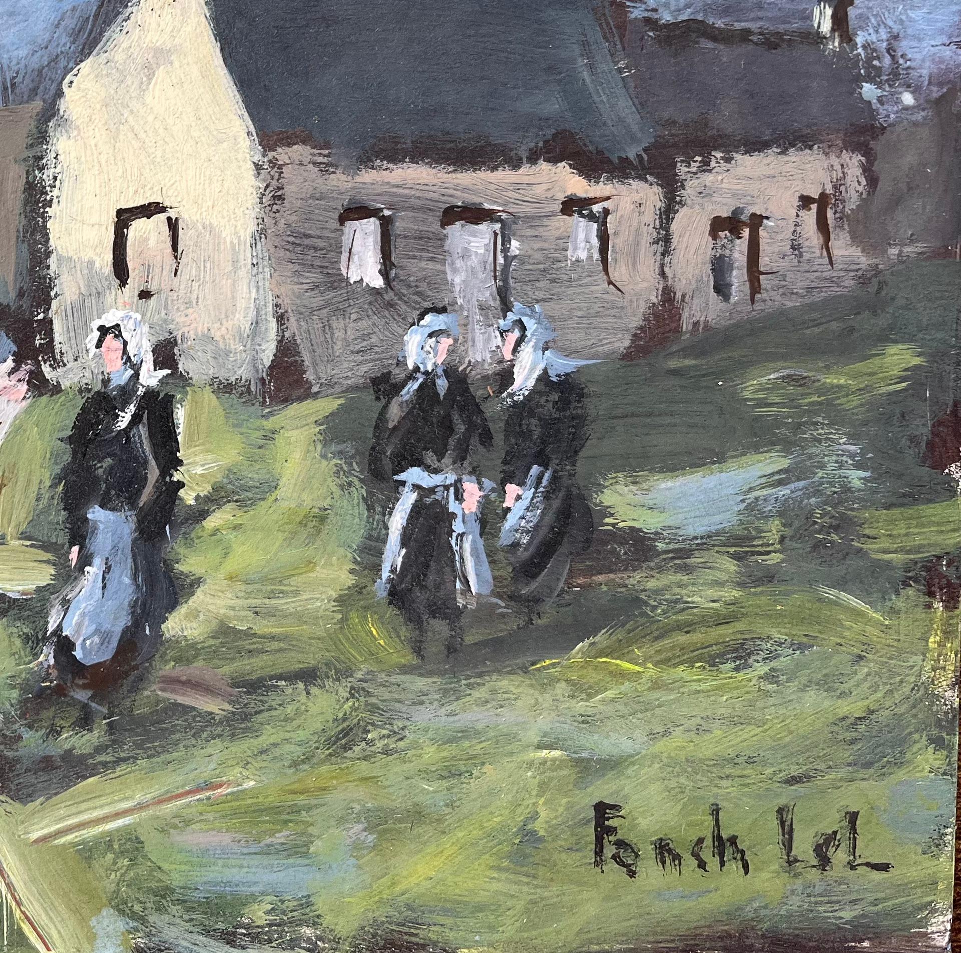 Titre : Peinture impressionniste française d'un village breton avec des vêtements traditionnels.
Par Fanch Lel
Signé : Oui
Taille : 9.5 x 11.75 pouces (hauteur x largeur)
Peinture à l'huile sur carton, non encadrée
Condit : La peinture est en bon