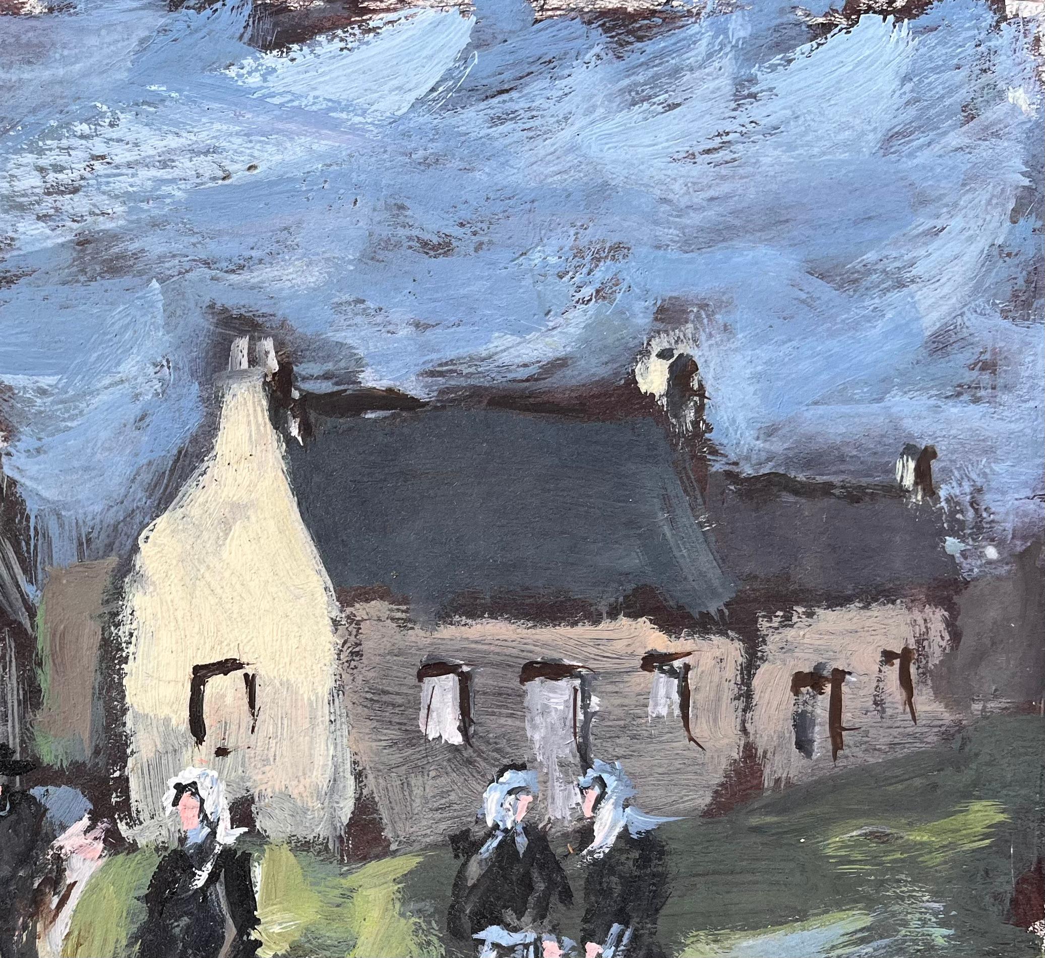 Peinture impressionniste française d'un village breton avec une robe traditionnelle en vente 1