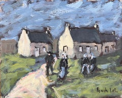 Vintage French Impressionist Painting of Breton Village with Traditional Dress