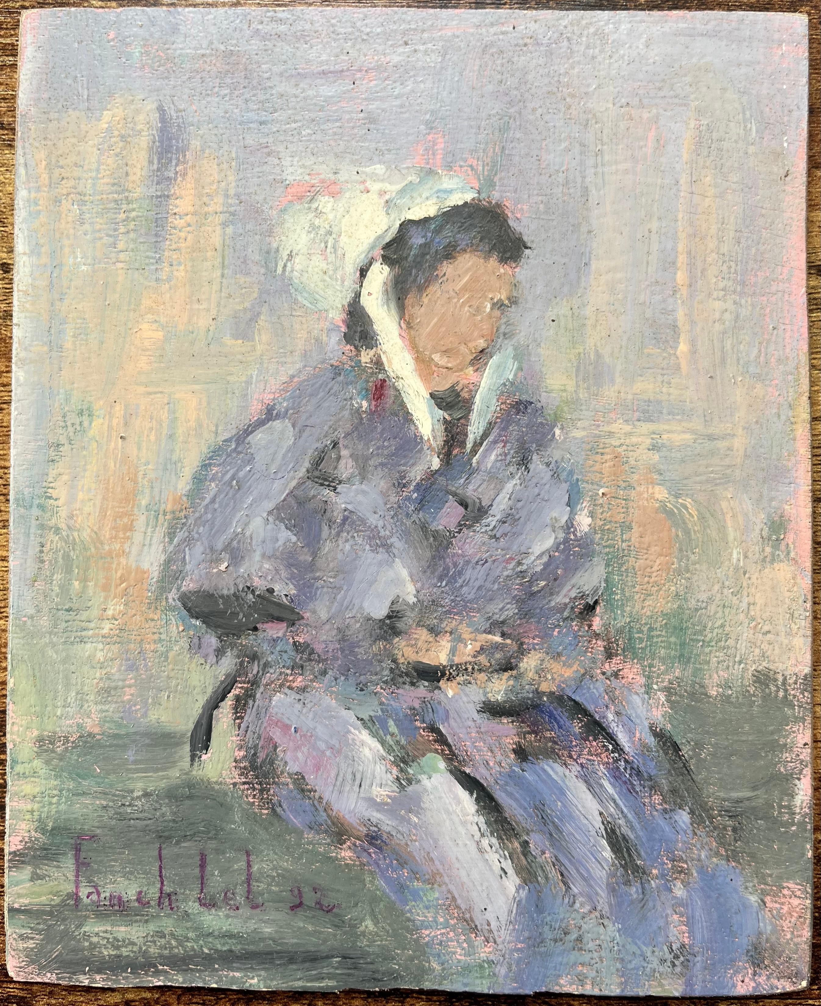 Quadro impressionista francese di donna bretone in abito tradizionale a St. Briac - Painting di Fanch Lel