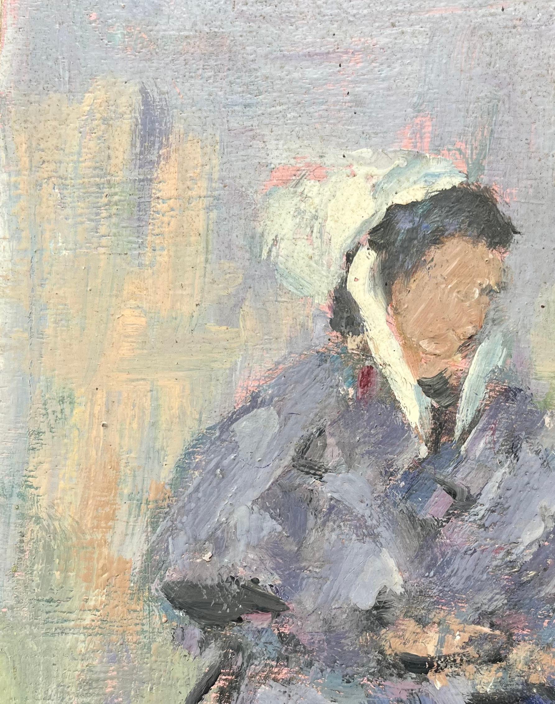 Titolo: Quadro impressionista francese di donna bretone in abito tradizionale a St. Briac
Di Fanch Lel (francese, nato nel 1930)
Dimensioni: 7,5 x 6 pollici (altezza x larghezza)
Firmato: In basso a sinistra
Pittura a olio su tavola, senza