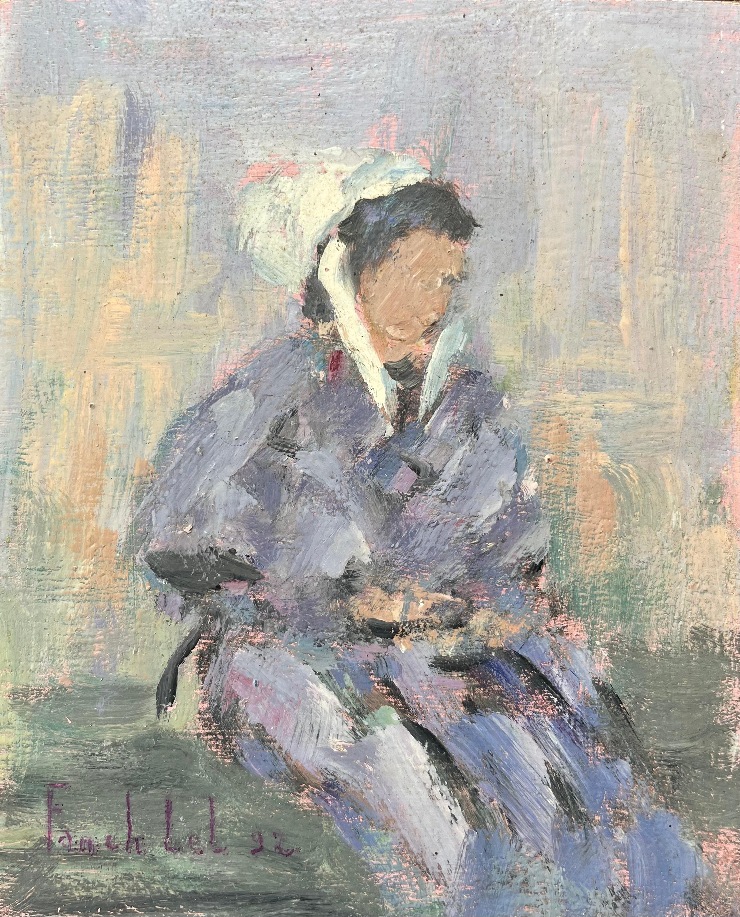 Figurative Painting di Fanch Lel - Quadro impressionista francese di donna bretone in abito tradizionale a St. Briac