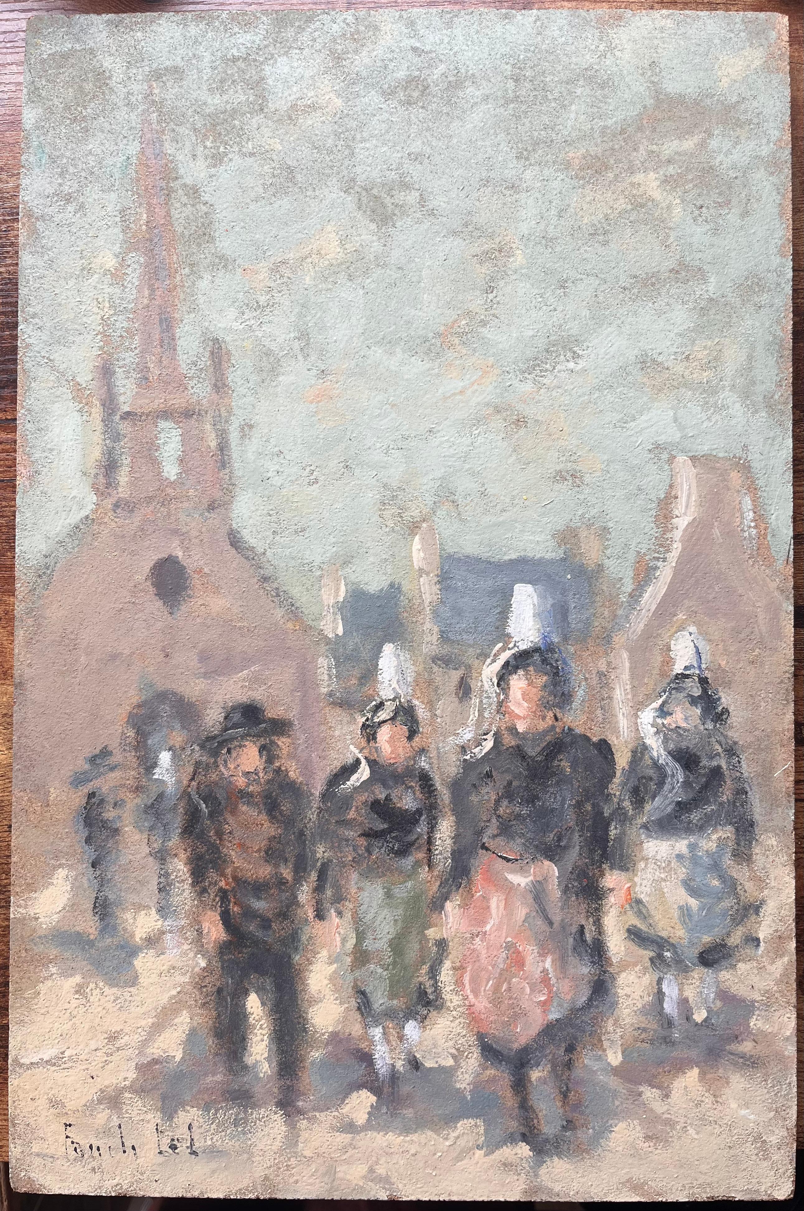 Französischer Impressionist Gemälde der bretonischen Frauen beim Verlassen der Church's Sortie de Messe – Painting von Fanch Lel