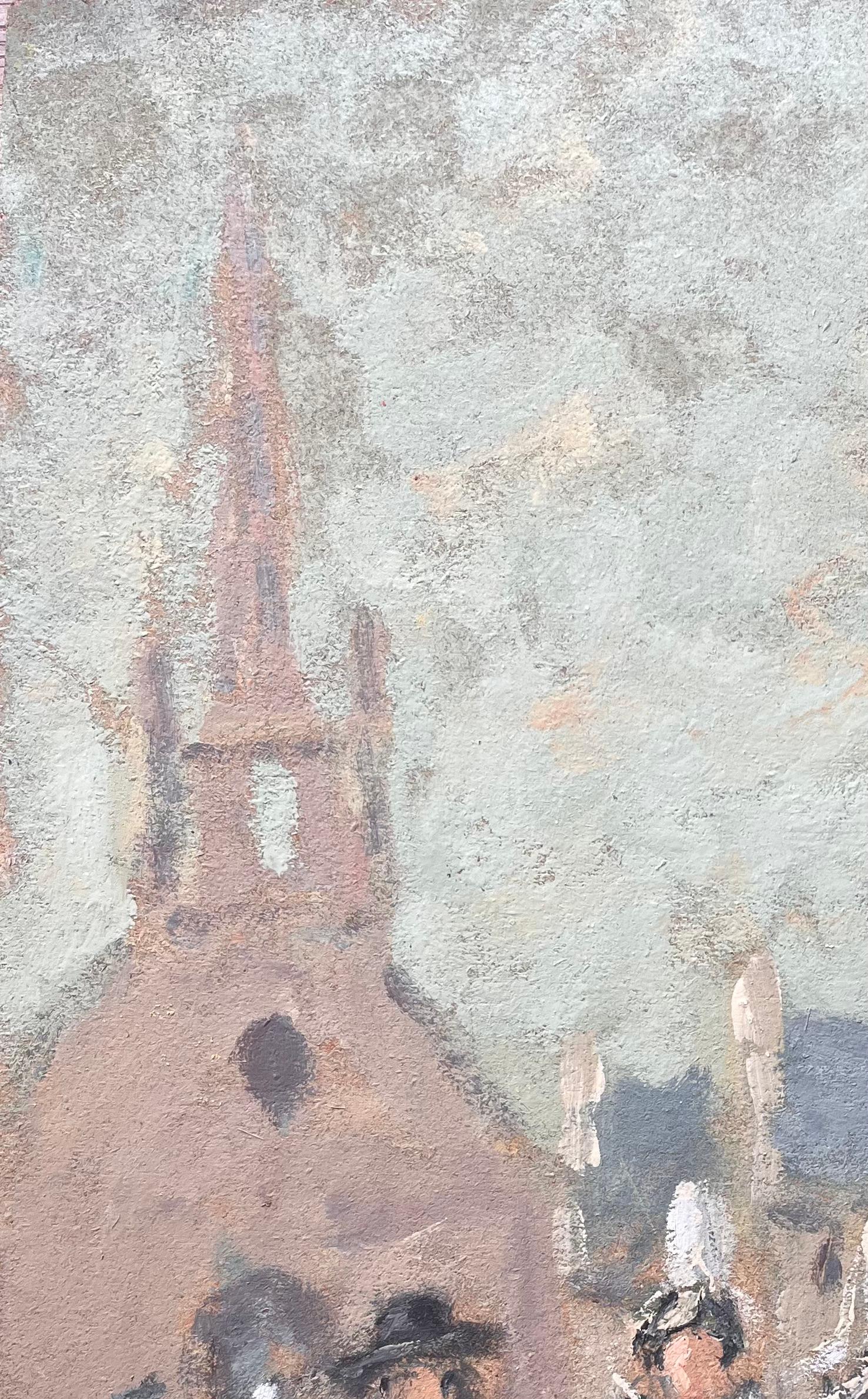 Titel: Französischer Impressionist Gemälde bretonischer Frauen beim Verlassen der Church's Sortie de Messe
Von Fanch Lel
Unterschrieben: Ja
Größe: 18,75 x 12,25 Zoll (Höhe x Breite)
Ölgemälde auf Karton, ungerahmt
Zustand: Das Gemälde ist in gutem