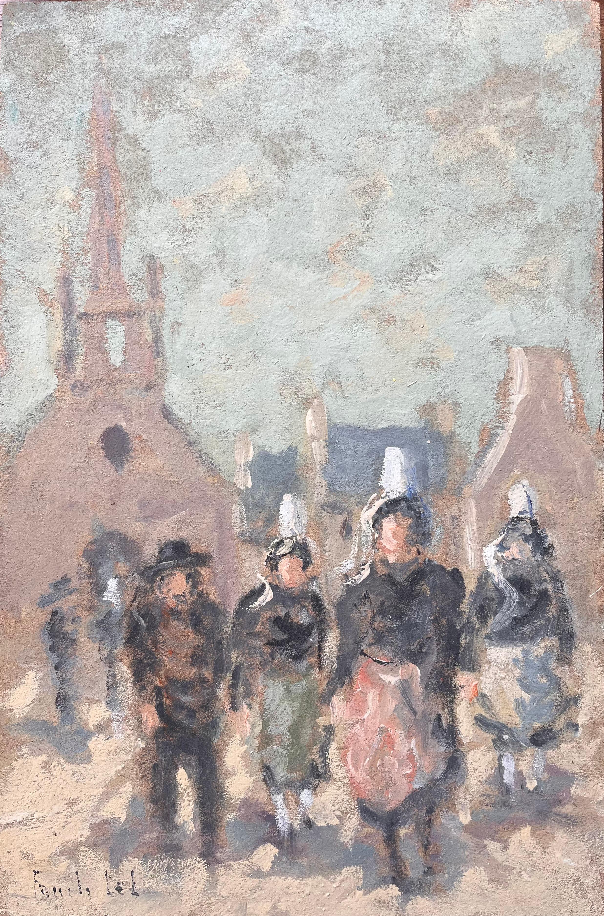Pintura impresionista francesa de mujeres bretonas saliendo de la iglesia Sortie de Messe