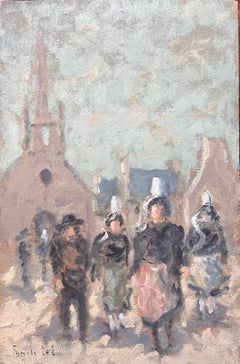 French Impressionist Painting of Breton Women Leaving Church Sortie de Messe