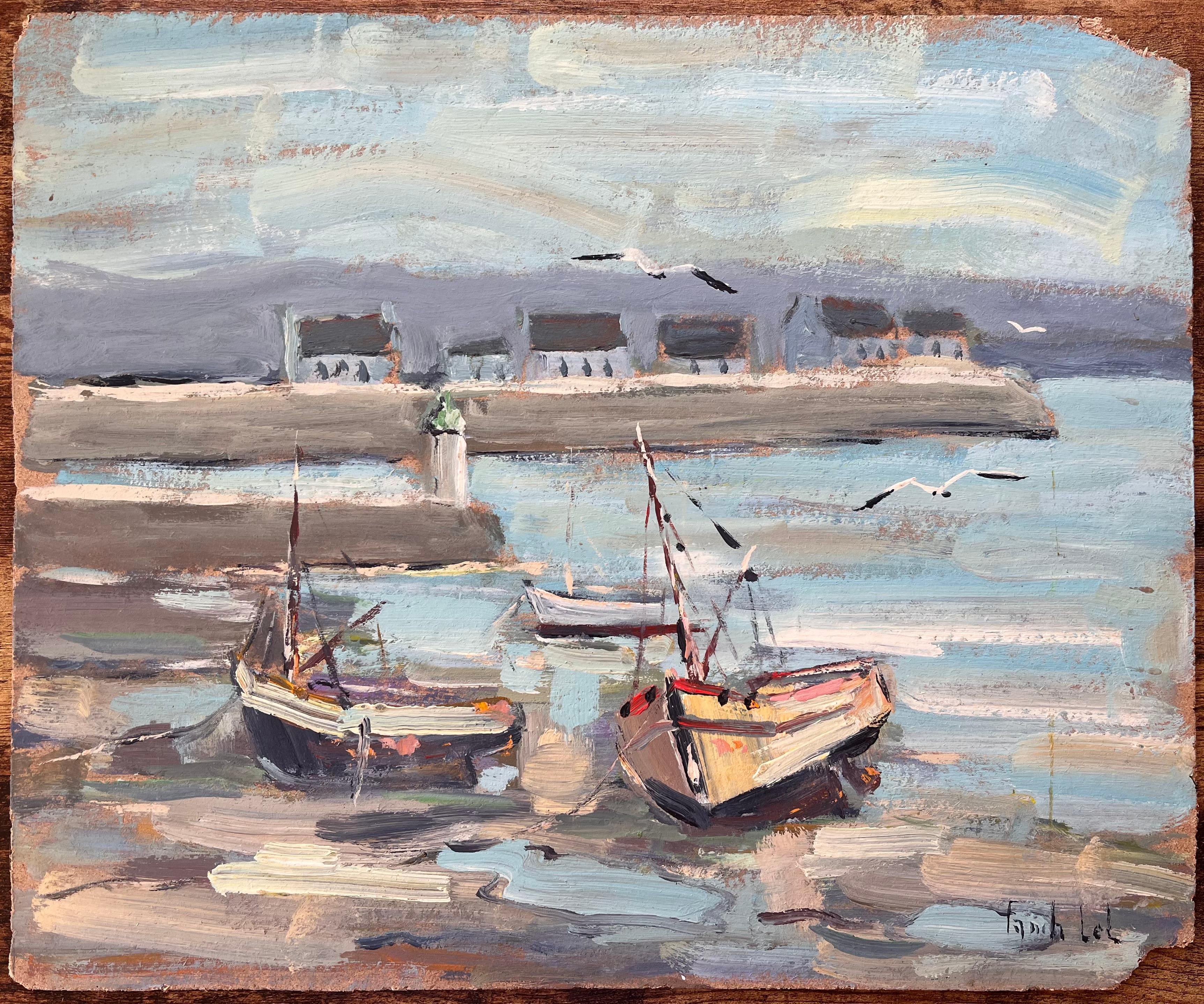 Dipinto impressionista francese con barche da pesca nel porto di Rivedoux Île de Ré - Painting di Fanch Lel