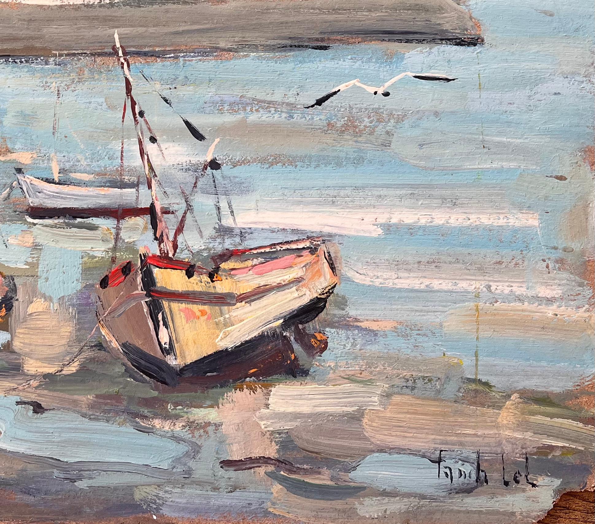 Dipinto impressionista francese con barche da pesca nel porto di Rivedoux Île de Ré - Painting Impressionismo di Fanch Lel