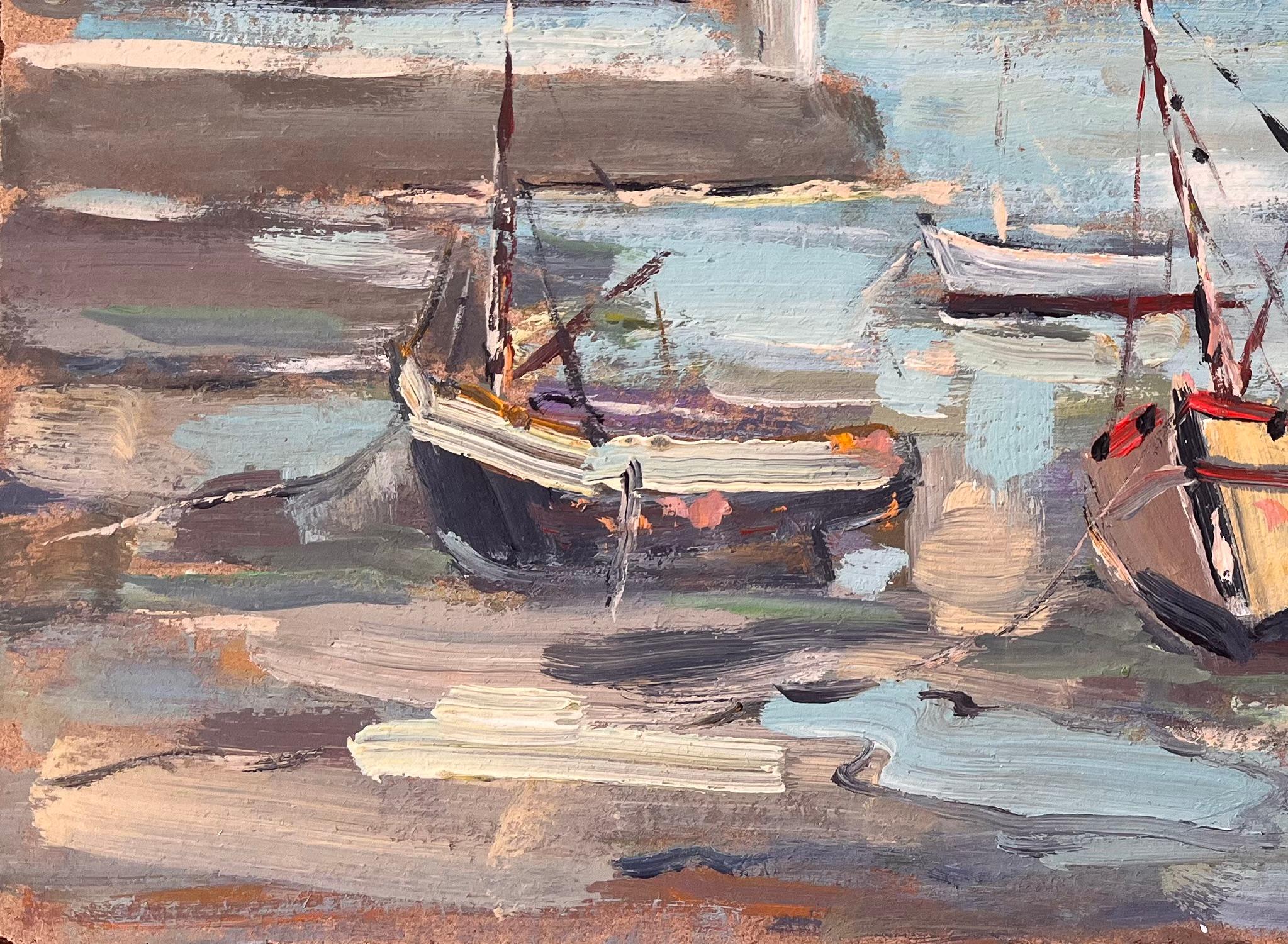 Dipinto impressionista francese con barche da pesca nel porto di Rivedoux Île de Ré - Landscape Painting Grigio di Fanch Lel