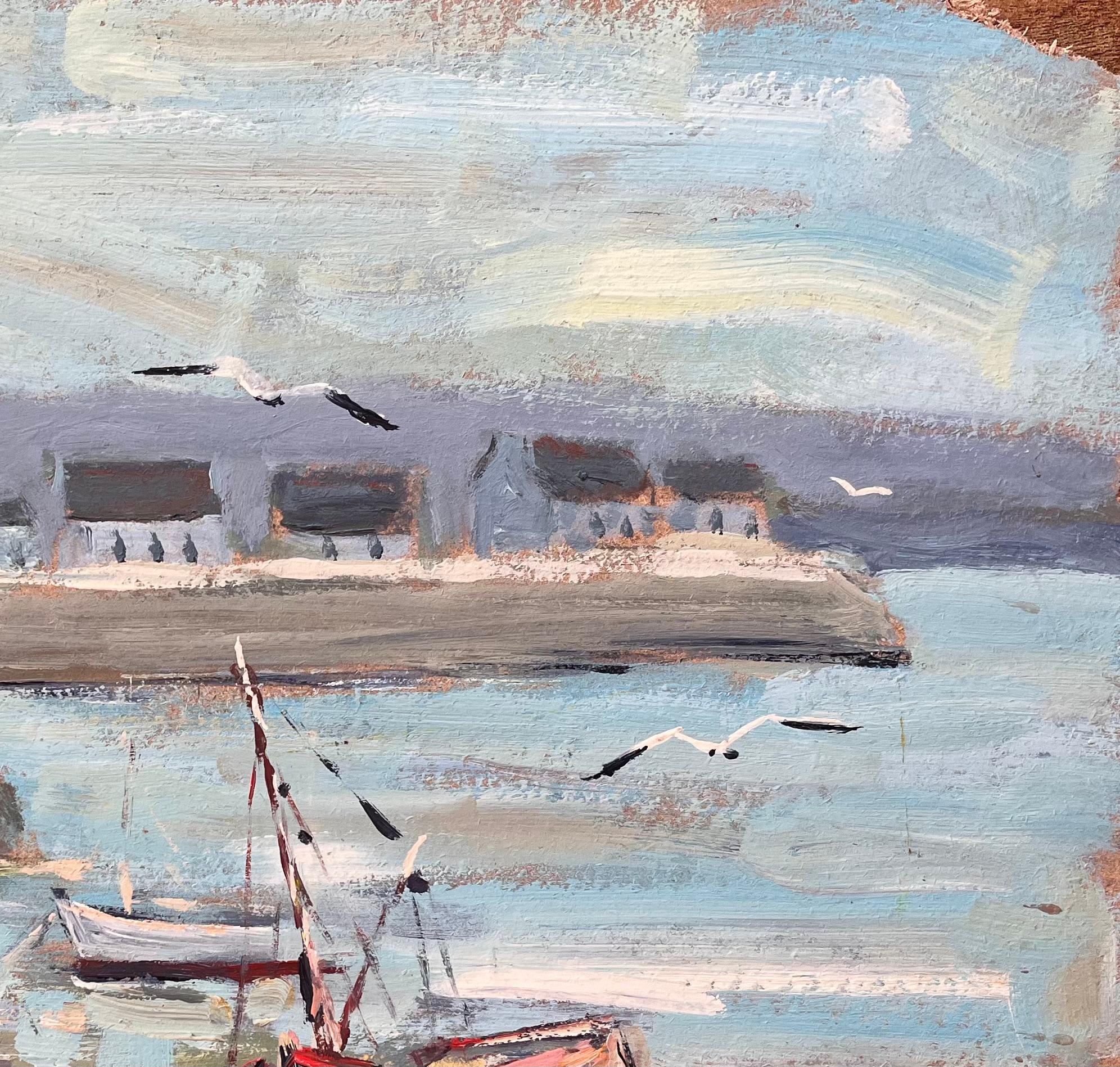 Dipinto impressionista francese con barche da pesca nel porto di Rivedoux Île de Ré in vendita 1