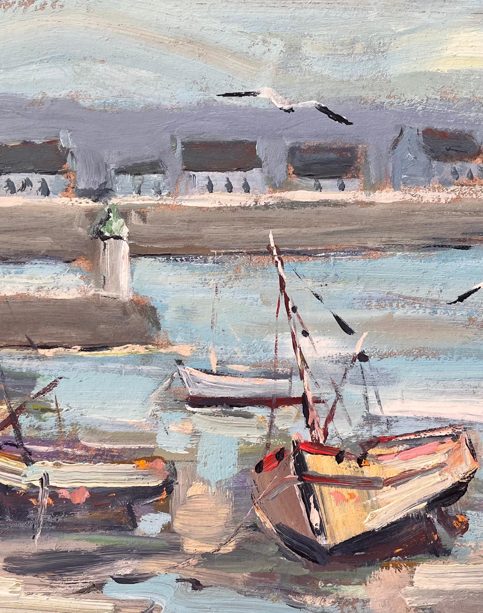 Dipinto impressionista francese con barche da pesca nel porto di Rivedoux Île de Ré in vendita 2
