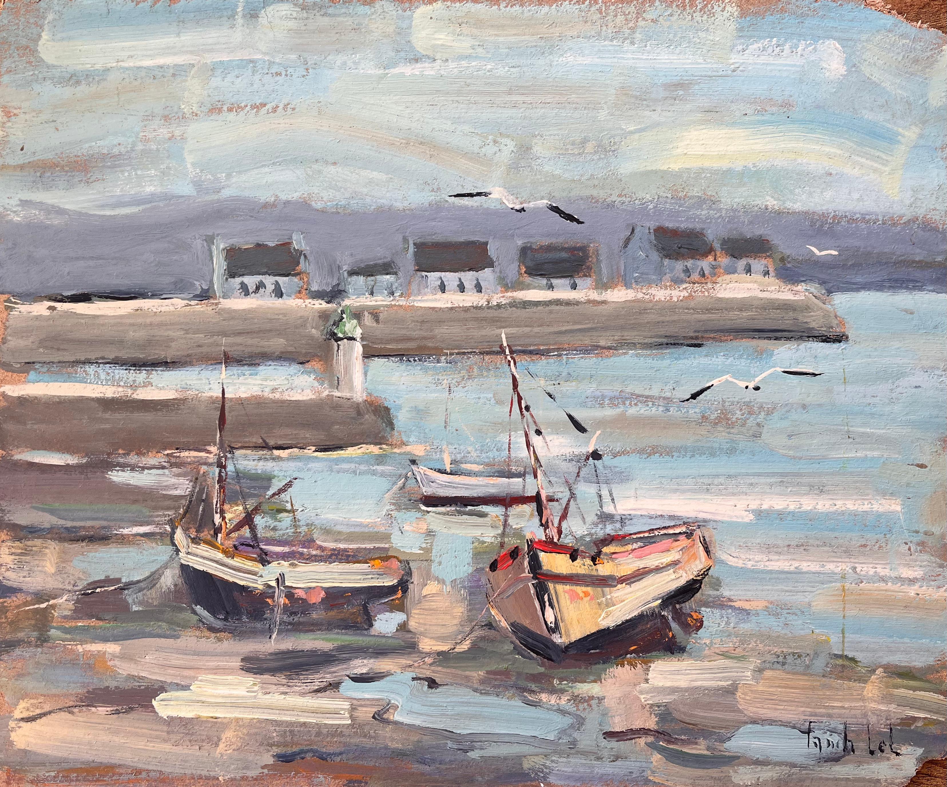 Landscape Painting di Fanch Lel - Dipinto impressionista francese con barche da pesca nel porto di Rivedoux Île de Ré