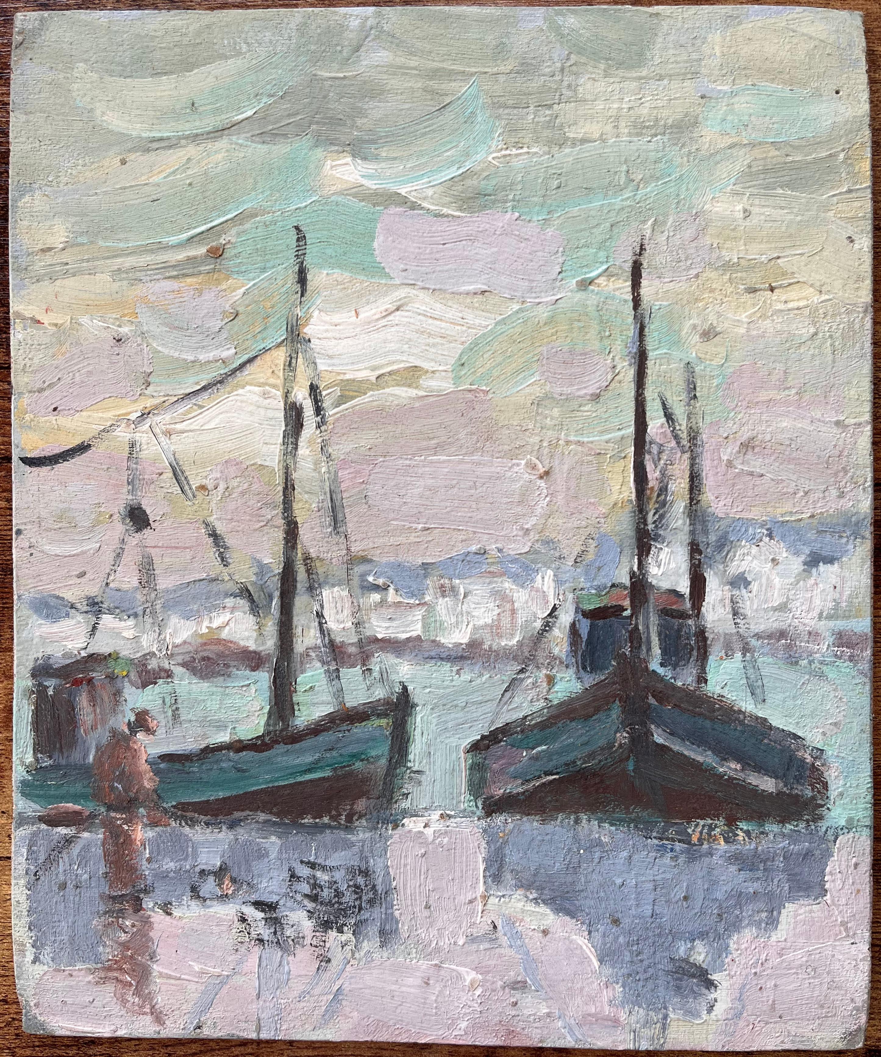 Peinture impressionniste française représentant des bateaux de pêche dans la Croisicic Brittany - Painting de Fanch Lel