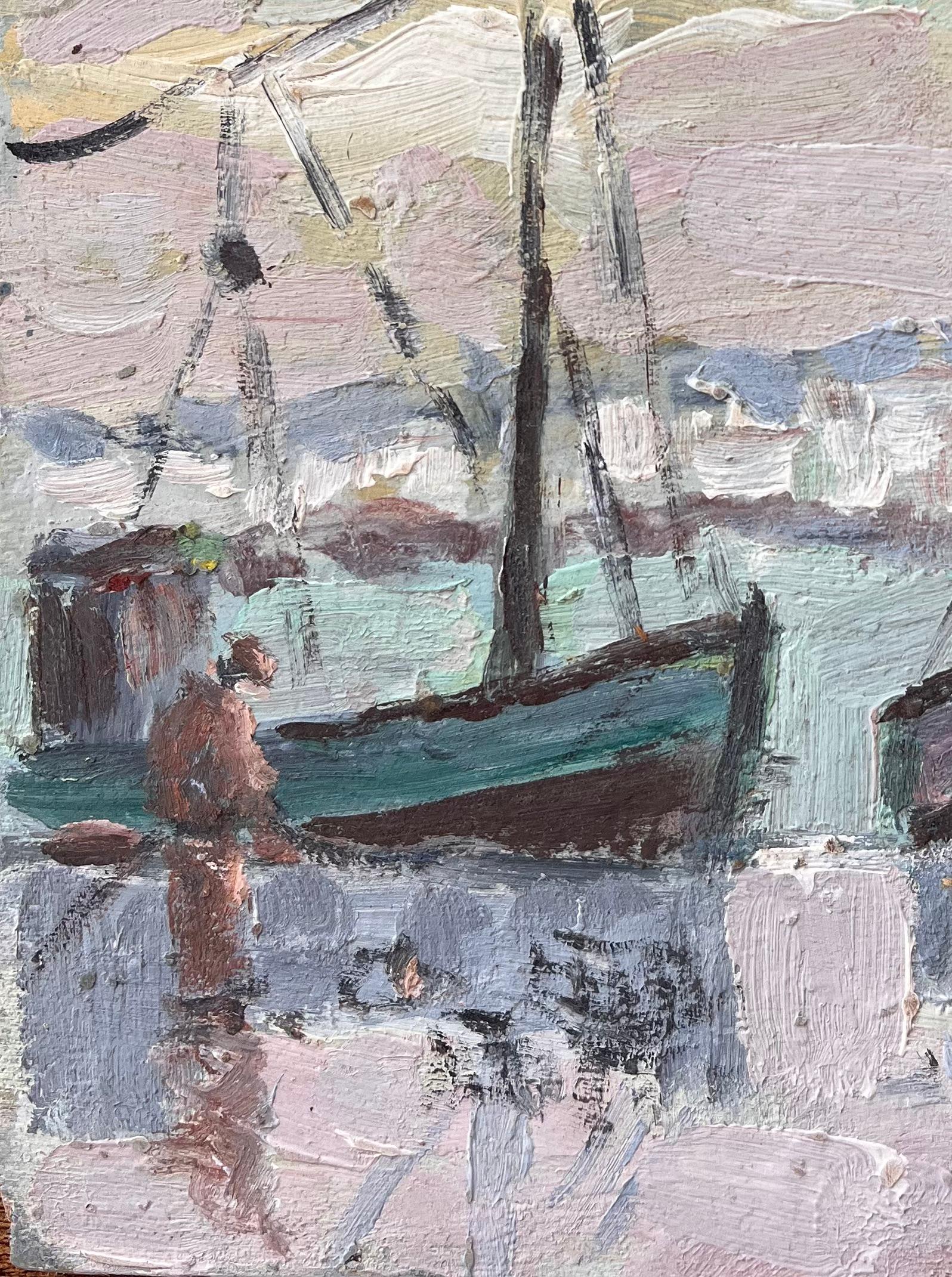 Peinture impressionniste française représentant des bateaux de pêche dans la Croisicic Brittany - Impressionnisme Painting par Fanch Lel