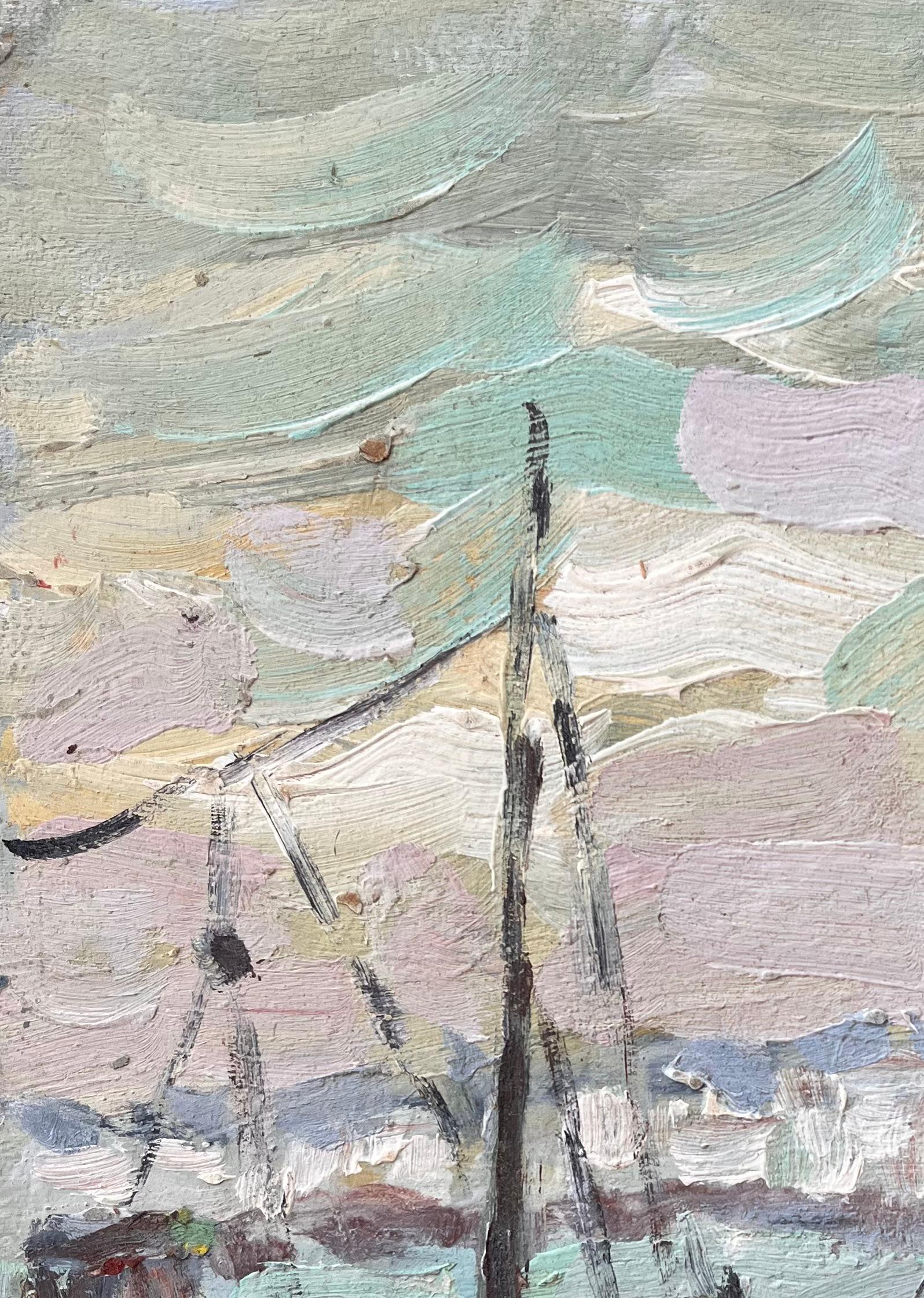 Peinture impressionniste française représentant des bateaux de pêche dans la Croisicic Brittany - Gris Landscape Painting par Fanch Lel