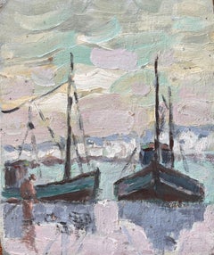 Peinture impressionniste française représentant des bateaux de pêche dans la Croisicic Brittany
