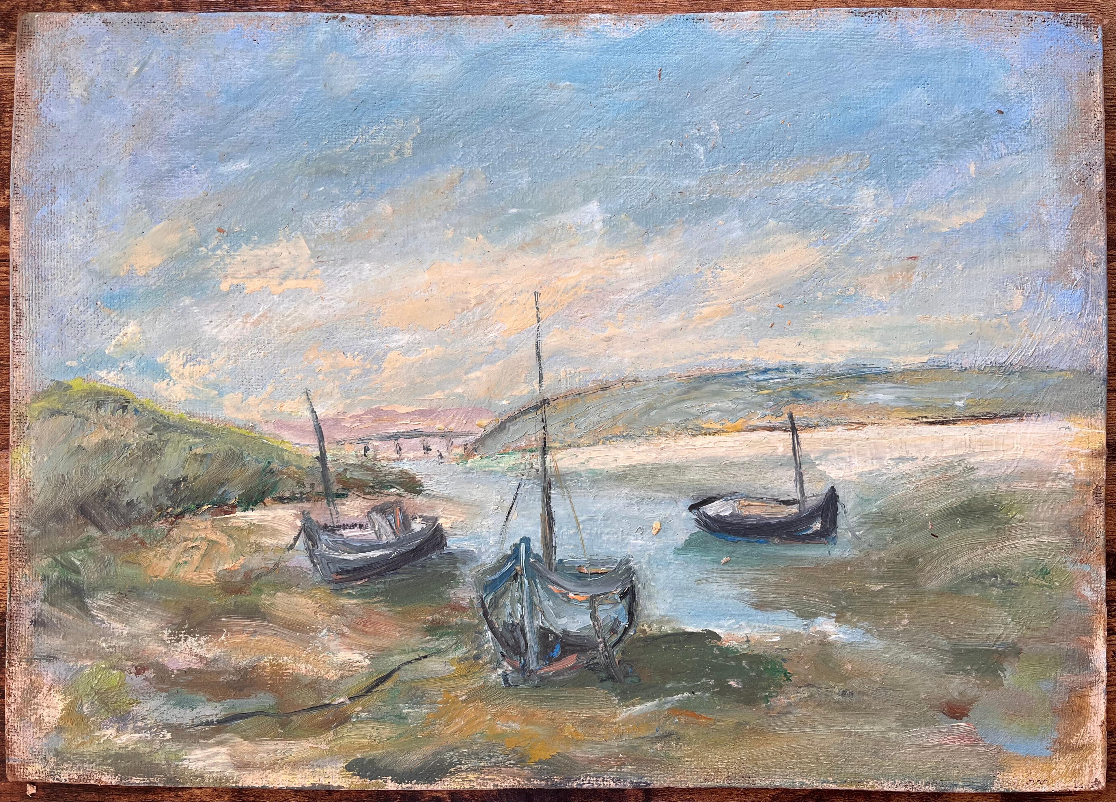 Französisches impressionistisches Gemälde von vertäuten Booten und Küstenufer – Painting von Fanch Lel