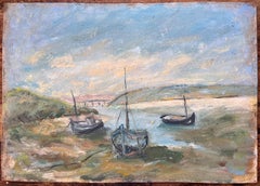 French Impressionist Painting of Moored Boats and Coastal Riverbank