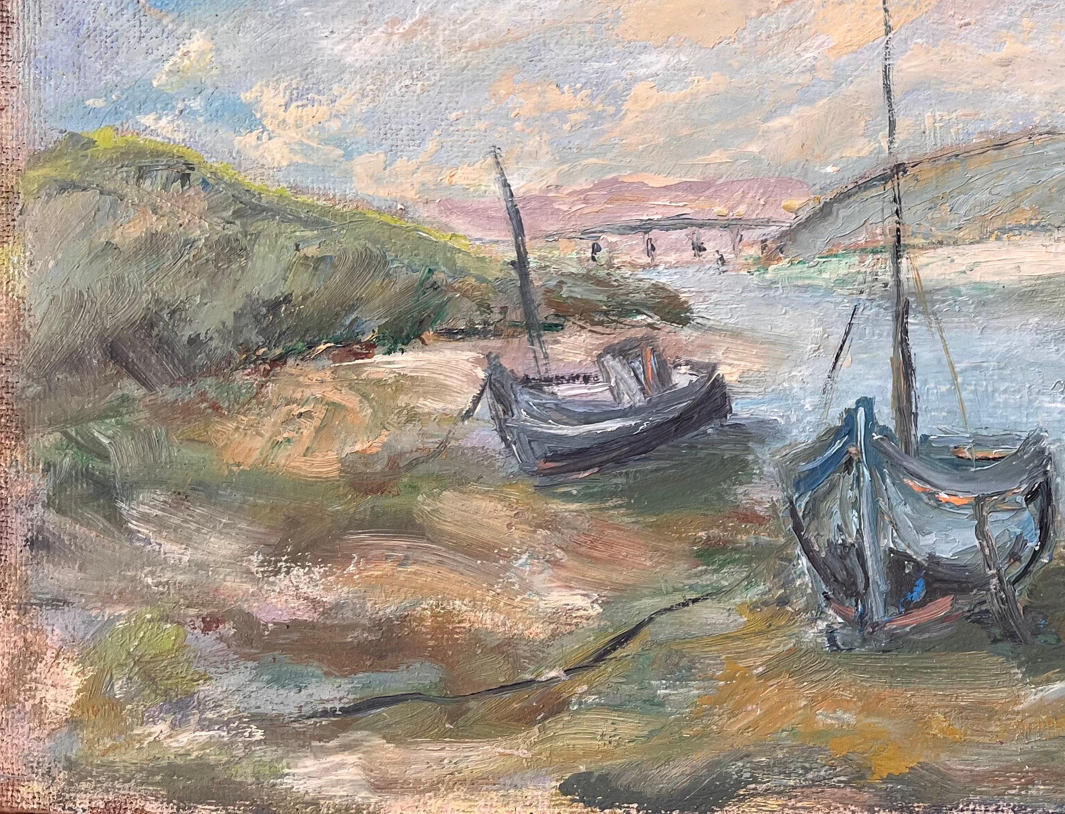 Pintura impresionista francesa de barcos amarrados y ribera costera - Painting Impresionista de Fanch Lel
