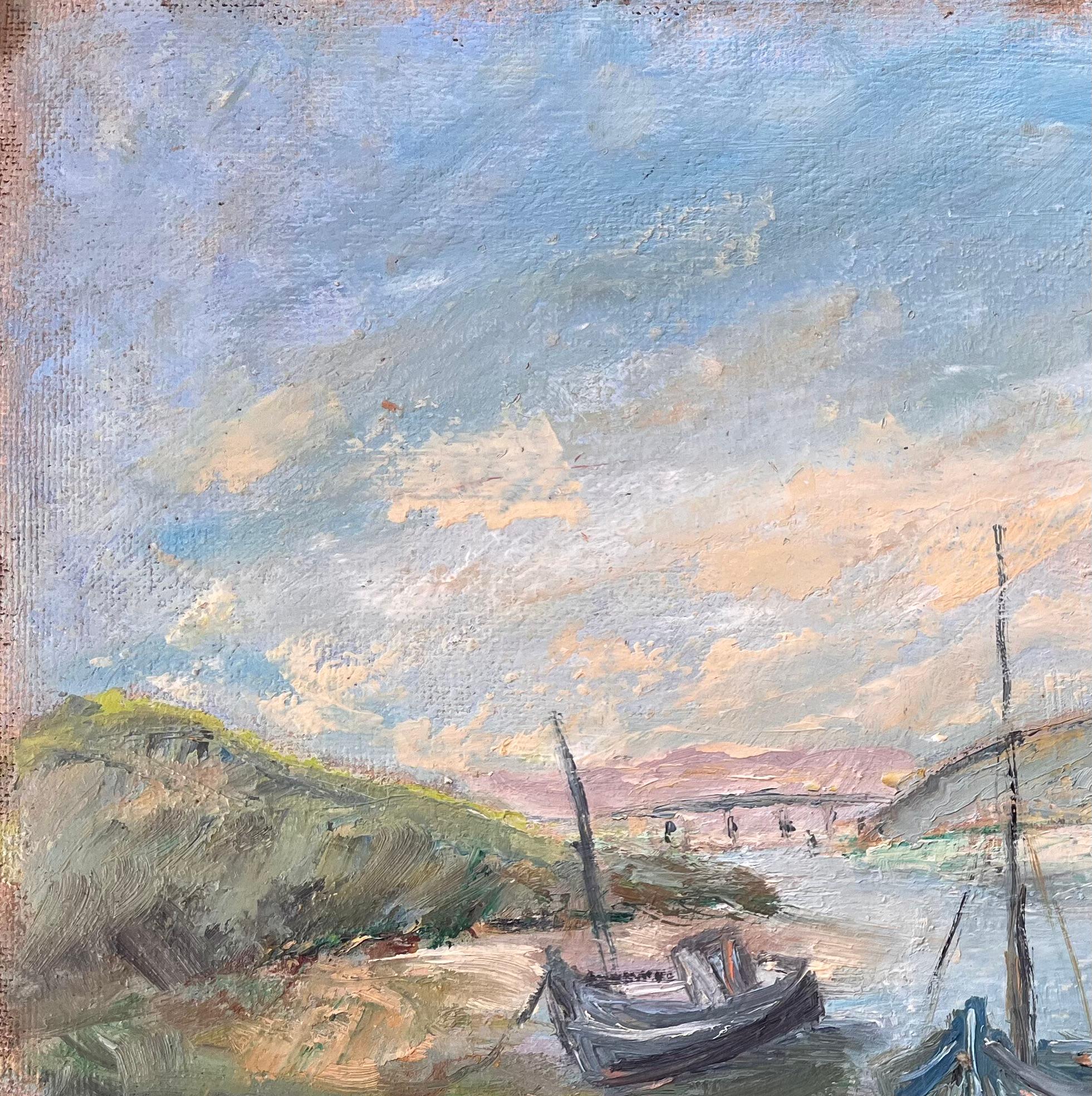 Pintura impresionista francesa de barcos amarrados y ribera costera - Landscape Painting Gris de Fanch Lel