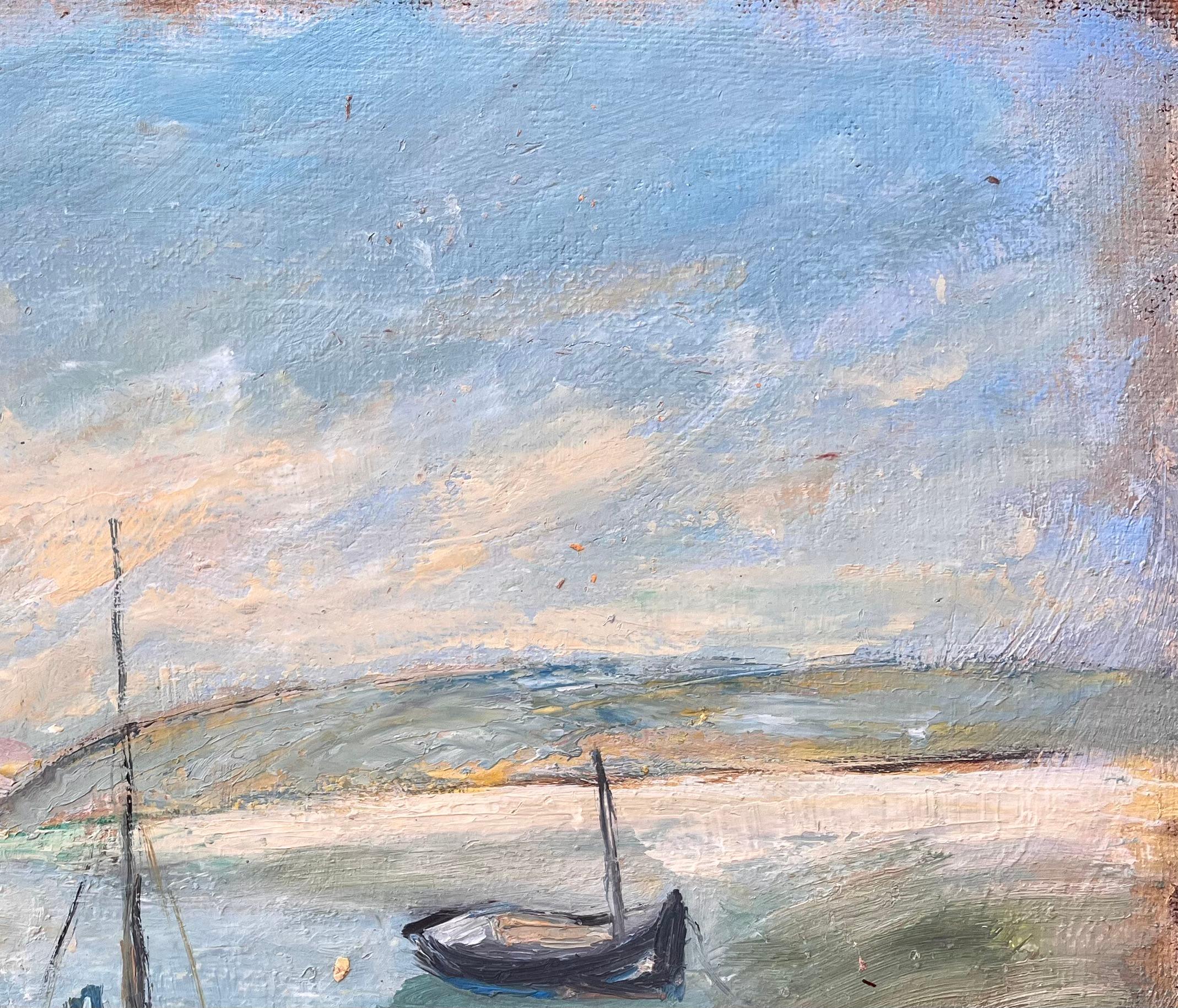 Pintura impresionista francesa de barcos amarrados y ribera costera en venta 1