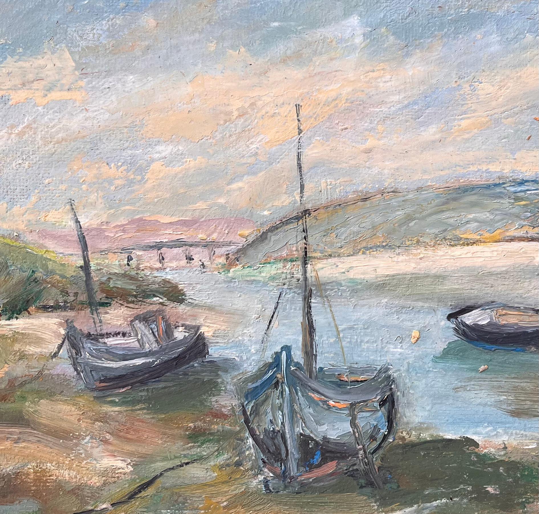 Pintura impresionista francesa de barcos amarrados y ribera costera en venta 2