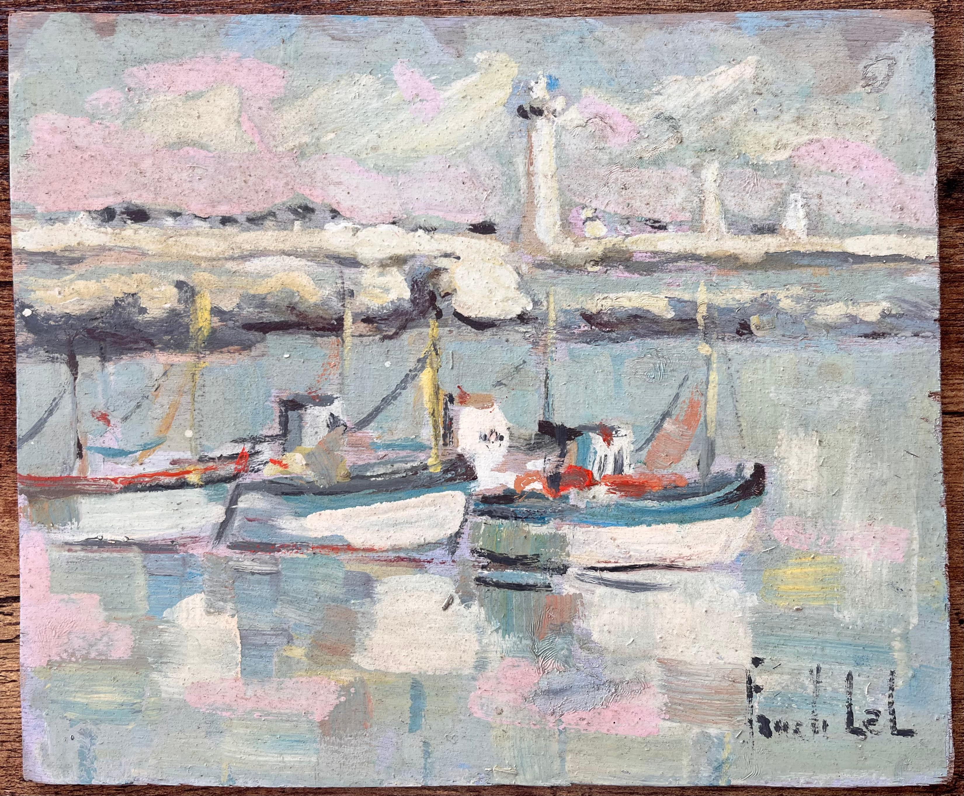 Quadro impressionista francese con barche da pesca ormeggiate e faro - Painting di Fanch Lel