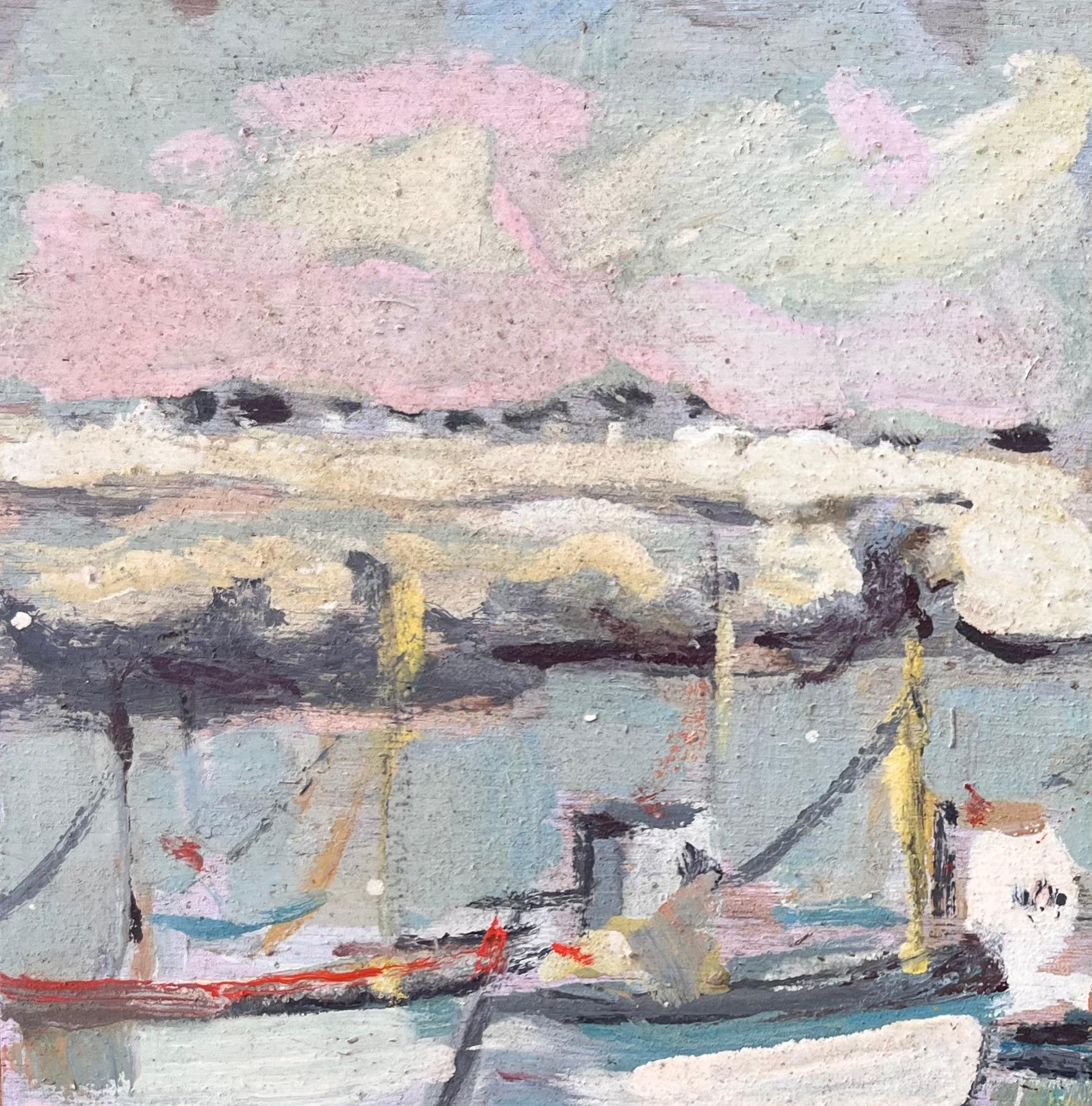 Quadro impressionista francese con barche da pesca ormeggiate e faro - Painting Impressionismo di Fanch Lel